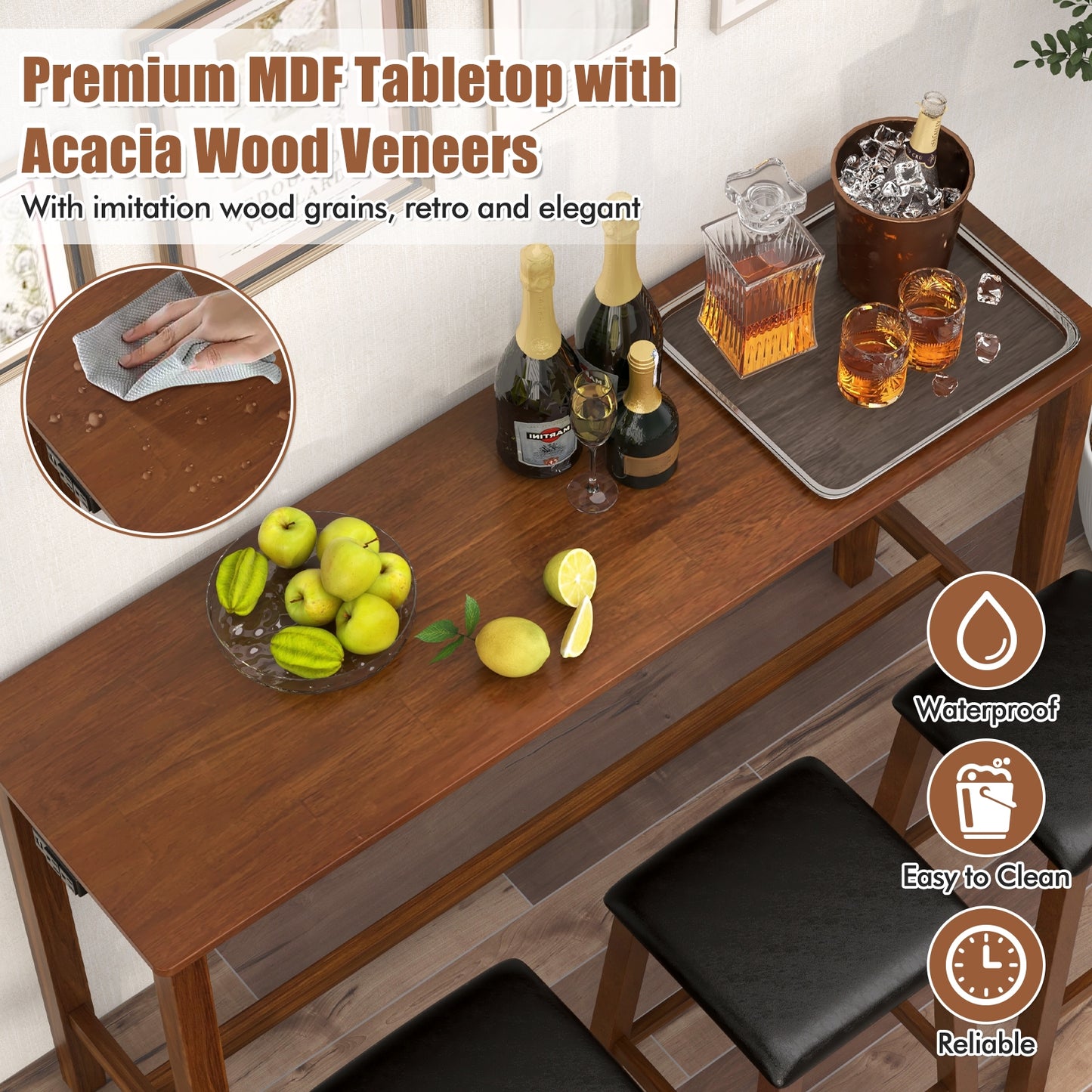 4-Piece Bar Table Set Counter-Height Table and 3 PVC Leather Upholstered Bar Stools, Brown Dining Room Sets   at Gallery Canada