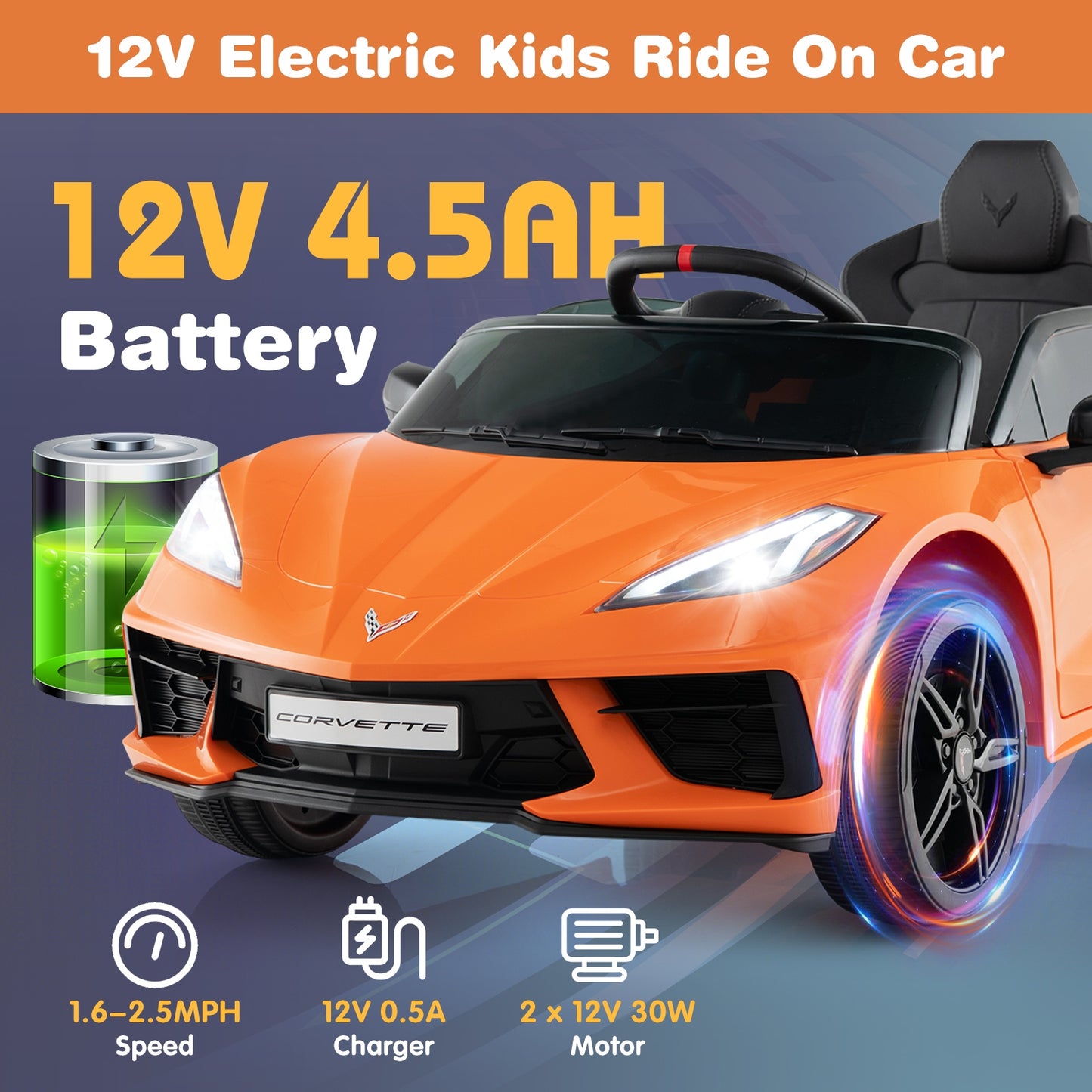 B12 Electric Kids Ride On Car Licensed Chevrolet Corvette C8 with Remote Control Ages 3+ Years Old, Orange Powered Ride On Toys   at Gallery Canada