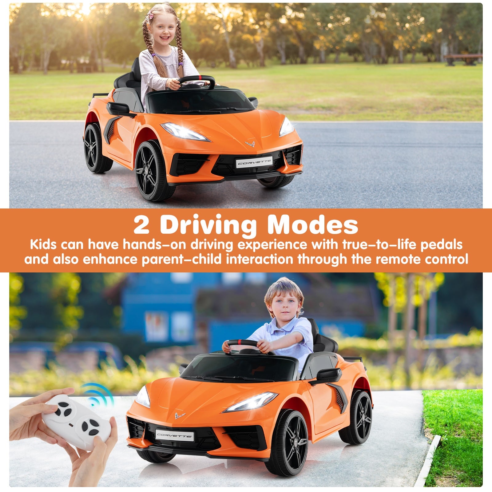 B12 Electric Kids Ride On Car Licensed Chevrolet Corvette C8 with Remote Control Ages 3+ Years Old, Orange Powered Ride On Toys   at Gallery Canada