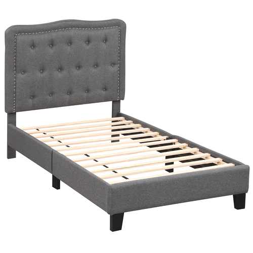 Twin Size Bed Frame with 46 Inch Tall Button Tufted Headboard, Gray