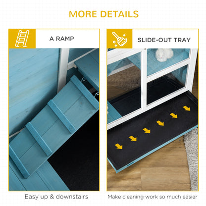 Indoor Rabbit Hutch with Wheels, Bunny Cage Guinea Pig House W/ Top Access, Ramp, Pull Out Tray, Blue Rabbit Hutch   at Gallery Canada