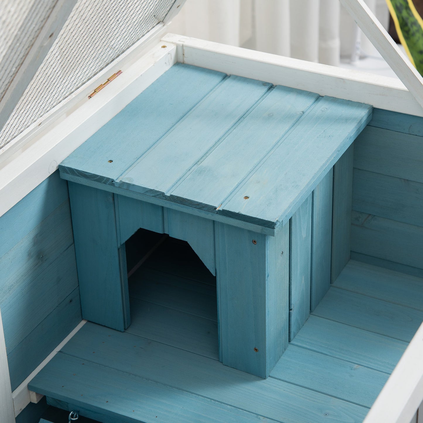 Indoor Rabbit Hutch with Wheels, Bunny Cage Guinea Pig House W/ Top Access, Ramp, Pull Out Tray, Blue Rabbit Hutch   at Gallery Canada