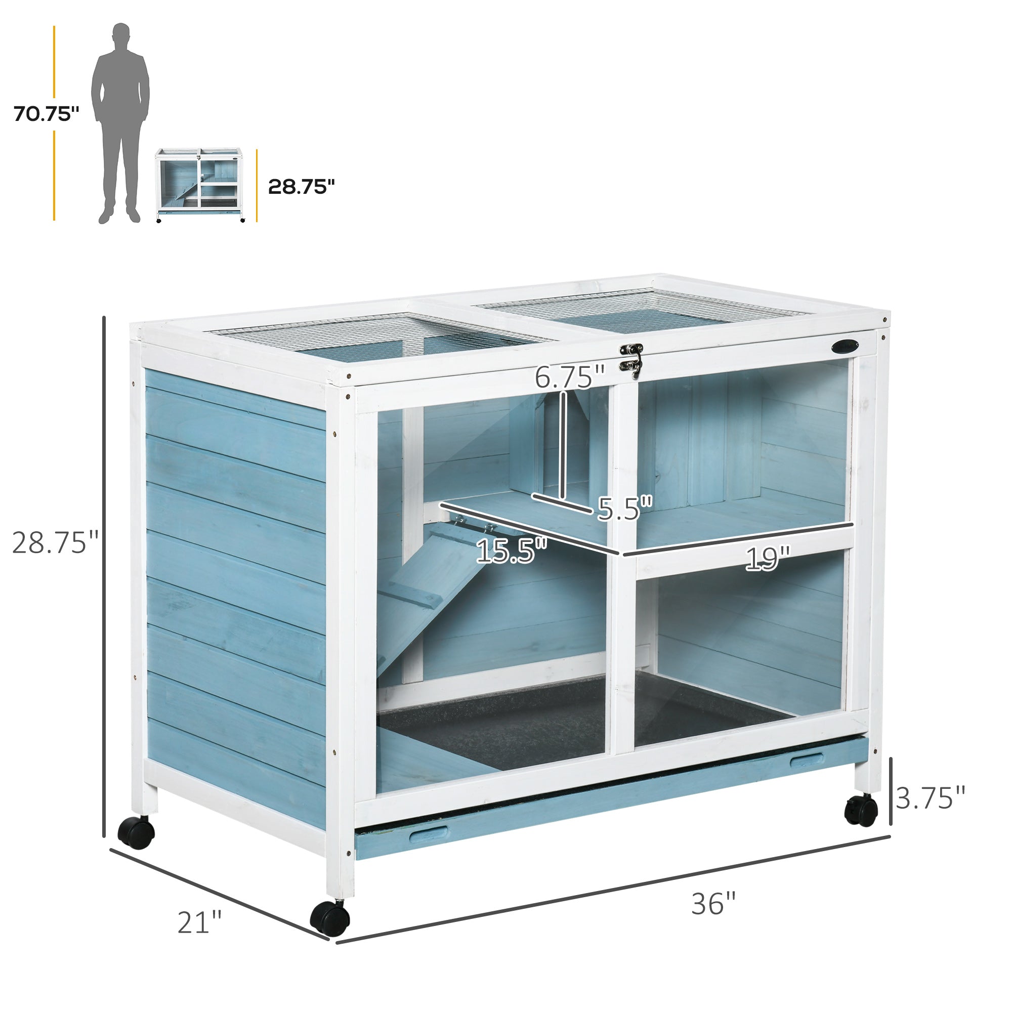 Indoor Rabbit Hutch with Wheels, Bunny Cage Guinea Pig House W/ Top Access, Ramp, Pull Out Tray, Blue Rabbit Hutch   at Gallery Canada