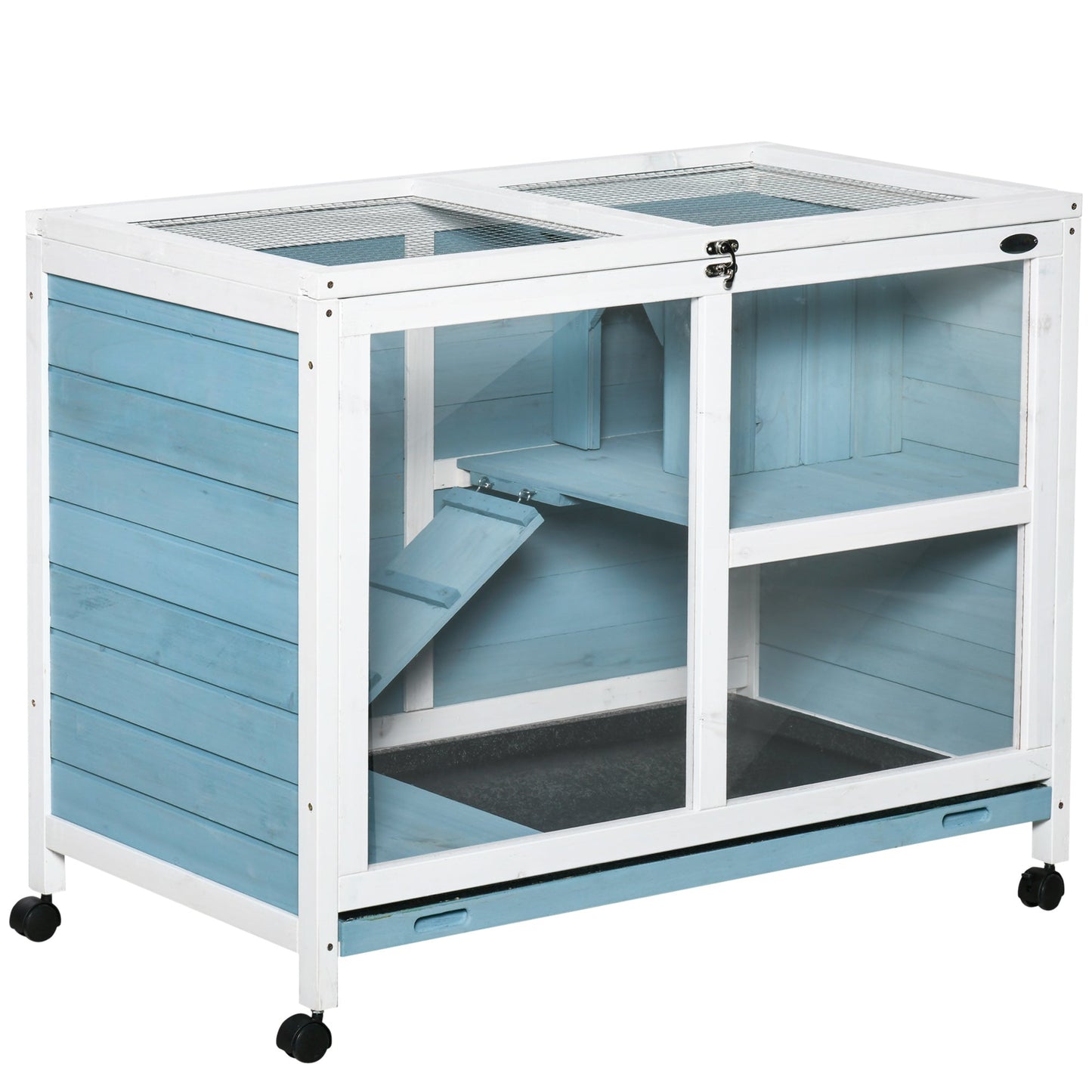 Indoor Rabbit Hutch with Wheels, Bunny Cage Guinea Pig House W/ Top Access, Ramp, Pull Out Tray, Blue Rabbit Hutch Light Blue  at Gallery Canada