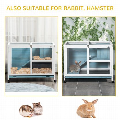 Indoor Rabbit Hutch with Wheels, Bunny Cage Guinea Pig House W/ Top Access, Ramp, Pull Out Tray, Blue Rabbit Hutch   at Gallery Canada