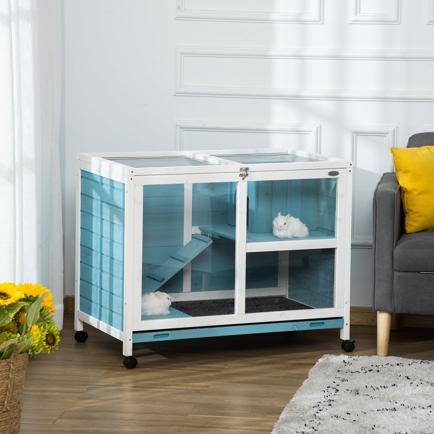 Indoor Rabbit Hutch with Wheels, Bunny Cage Guinea Pig House W/ Top Access, Ramp, Pull Out Tray, Blue Rabbit Hutch   at Gallery Canada