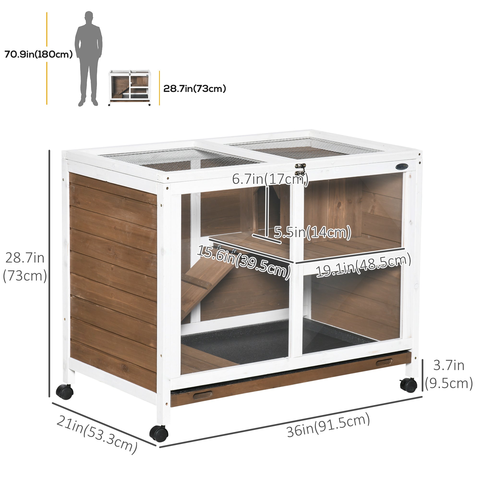 Indoor Rabbit Hutch with Wheels, Bunny Cage Guinea Pig House W/ Top Access, Ramp, Pull Out Tray, Brown Rabbit Hutch   at Gallery Canada