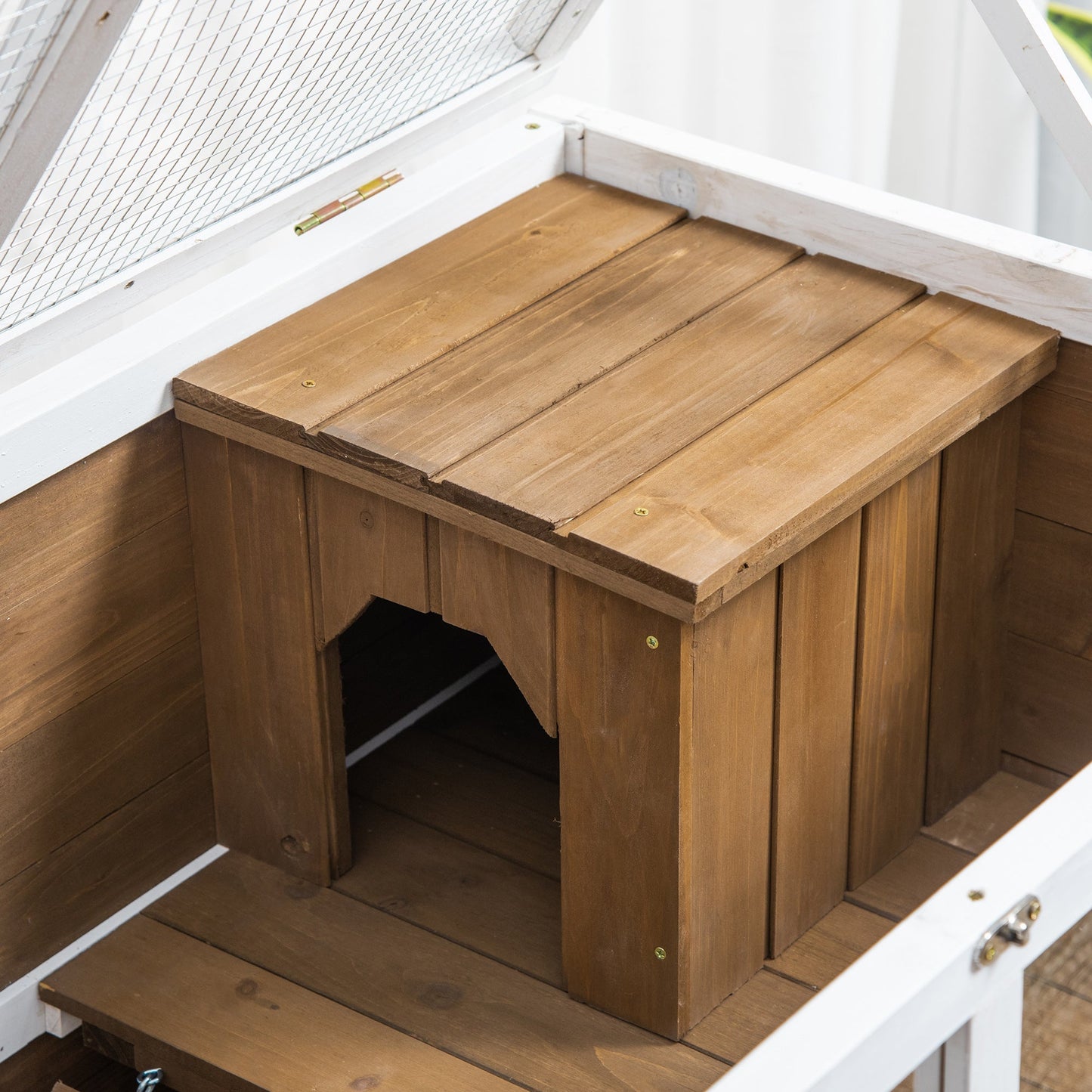 Indoor Rabbit Hutch with Wheels, Bunny Cage Guinea Pig House W/ Top Access, Ramp, Pull Out Tray, Brown Rabbit Hutch   at Gallery Canada