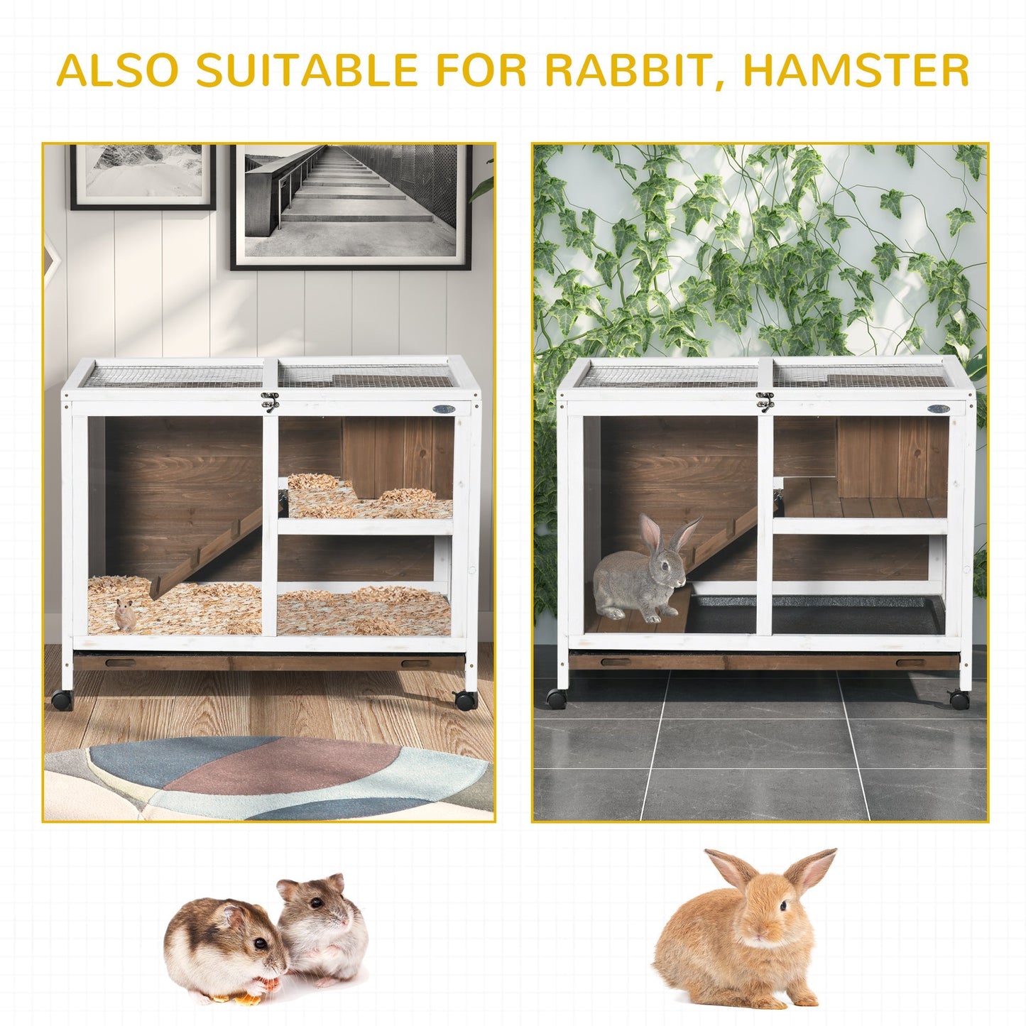 Indoor Rabbit Hutch with Wheels, Bunny Cage Guinea Pig House W/ Top Access, Ramp, Pull Out Tray, Brown Rabbit Hutch   at Gallery Canada