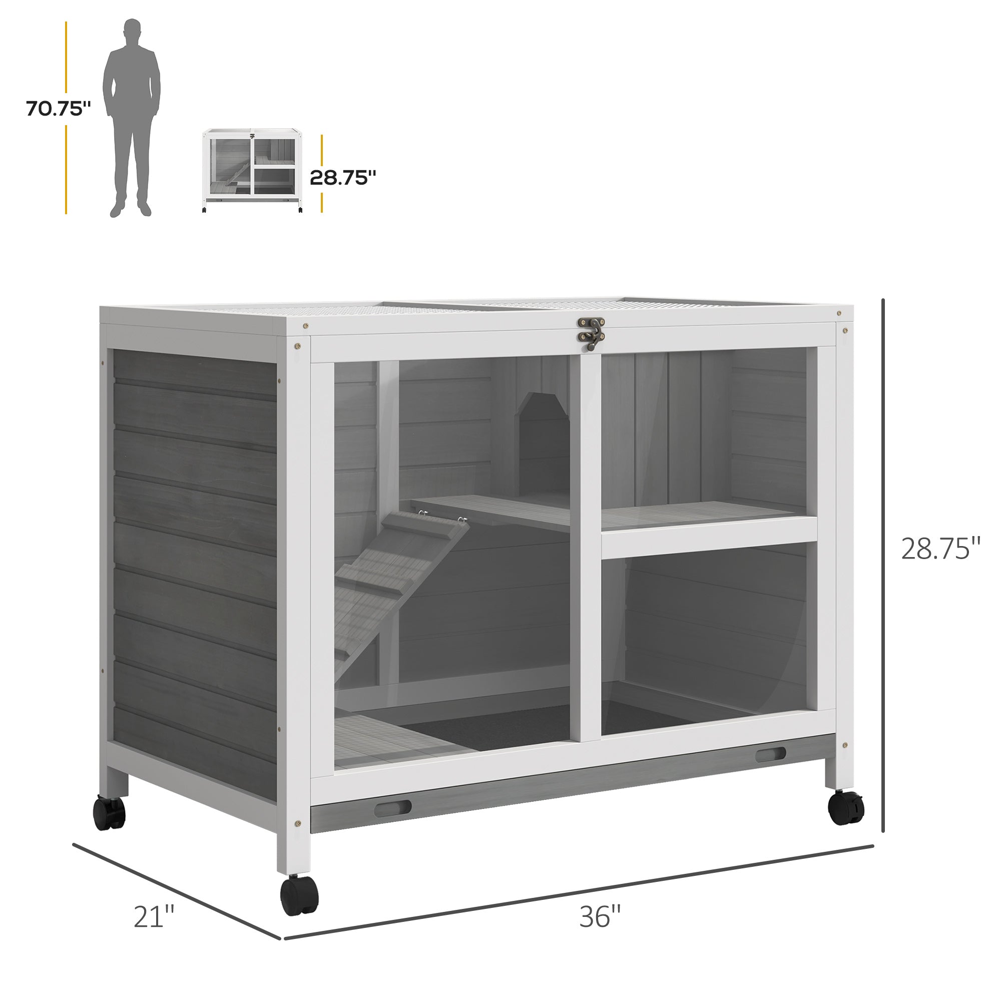 Indoor Rabbit Hutch with Wheels, Bunny Cage Guinea Pig House W/ Top Access, Ramp, Pull Out Tray, Grey Rabbit Hutch   at Gallery Canada