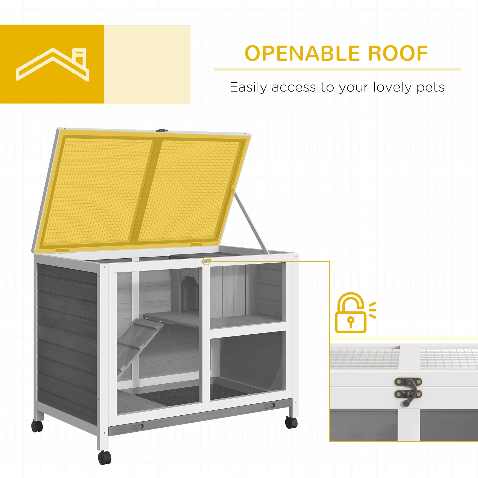 Indoor Rabbit Hutch with Wheels, Bunny Cage Guinea Pig House W/ Top Access, Ramp, Pull Out Tray, Grey Rabbit Hutch   at Gallery Canada