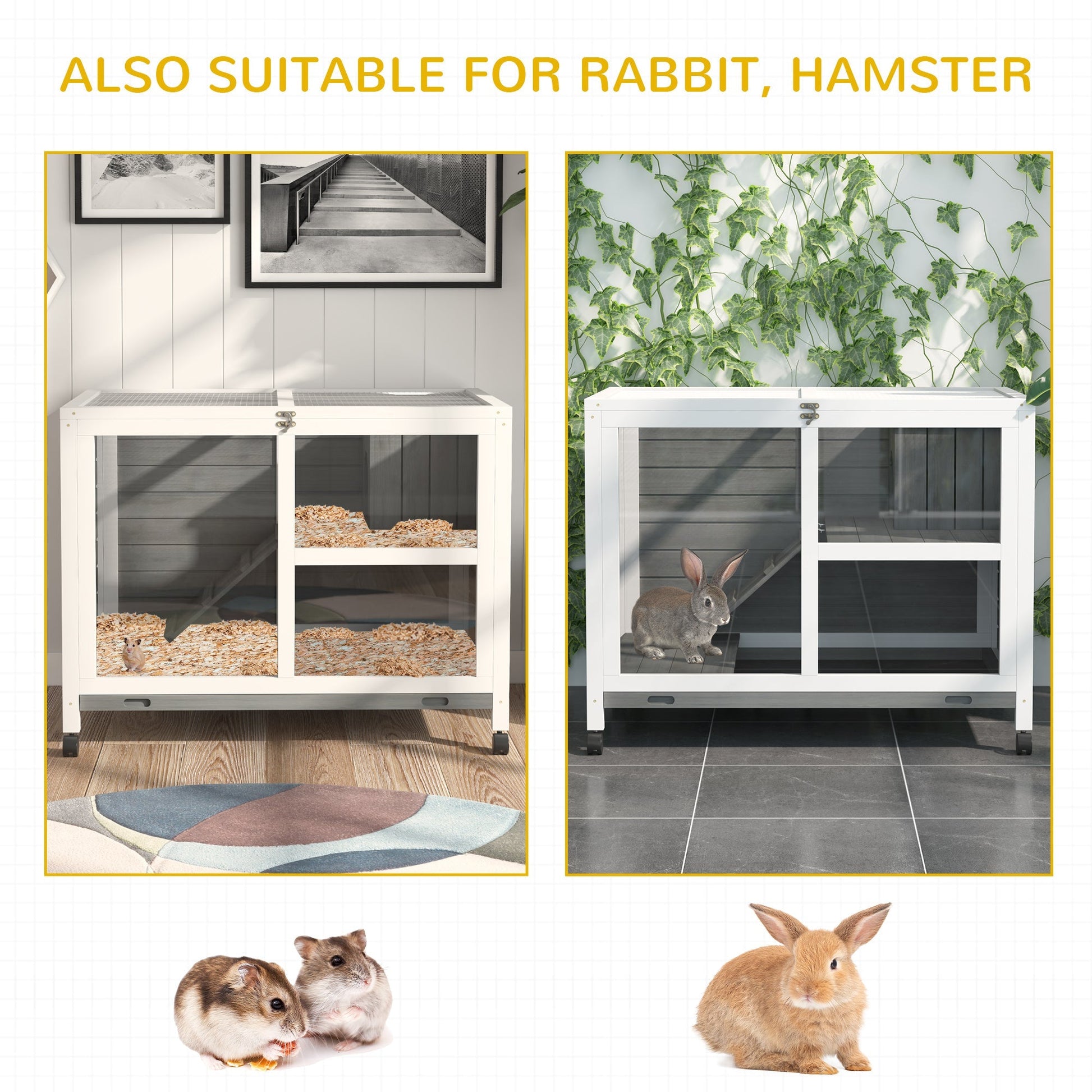 Indoor Rabbit Hutch with Wheels, Bunny Cage Guinea Pig House W/ Top Access, Ramp, Pull Out Tray, Grey Rabbit Hutch   at Gallery Canada