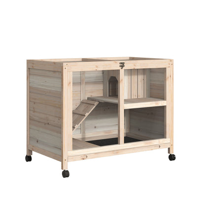 Indoor Rabbit Hutch with Wheels, Bunny Cage Guinea Pig House W/ Top Access, Ramp, Pull Out Tray, Natural Wood Rabbit Hutch Natural  at Gallery Canada