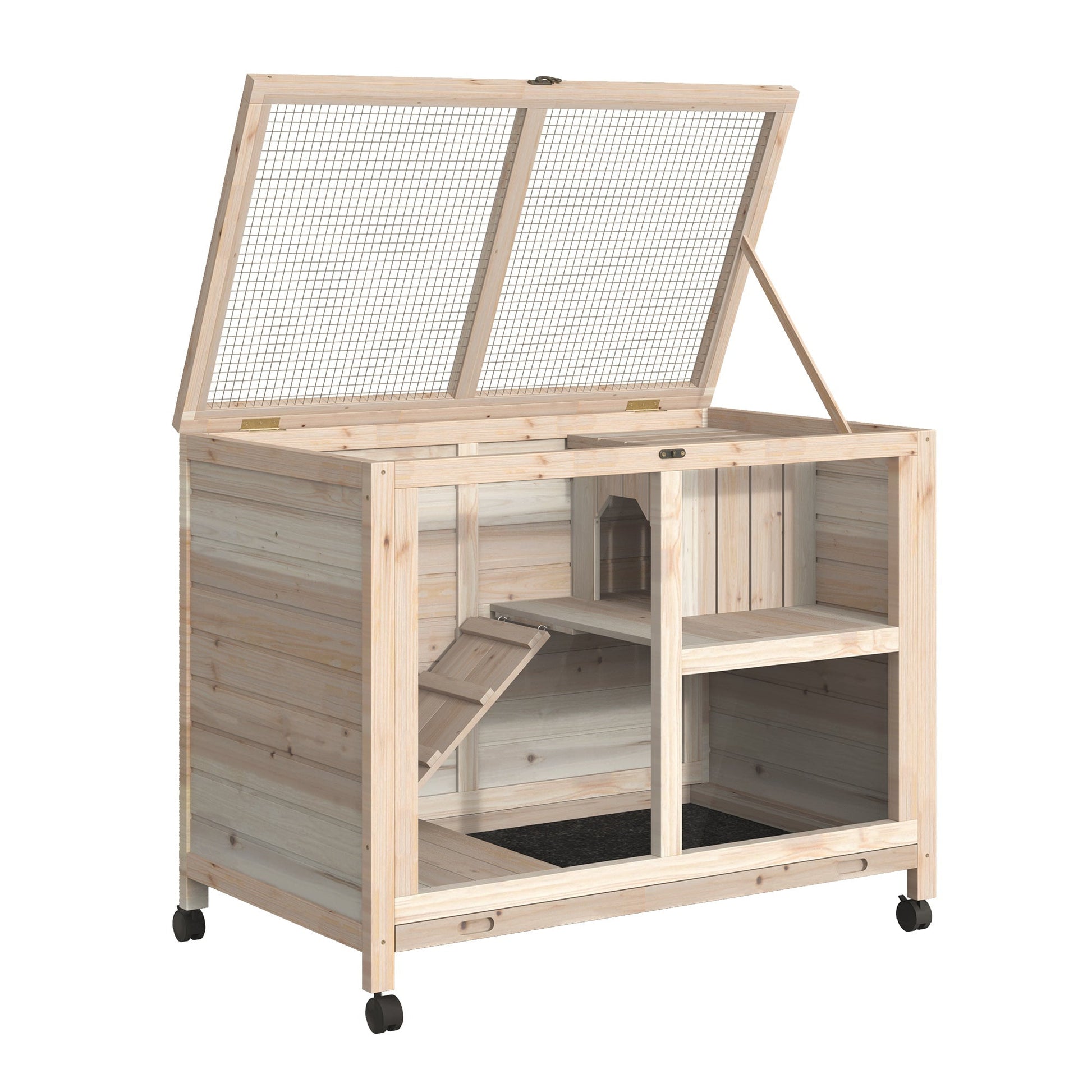 Indoor Rabbit Hutch with Wheels, Bunny Cage Guinea Pig House W/ Top Access, Ramp, Pull Out Tray, Natural Wood Rabbit Hutch   at Gallery Canada