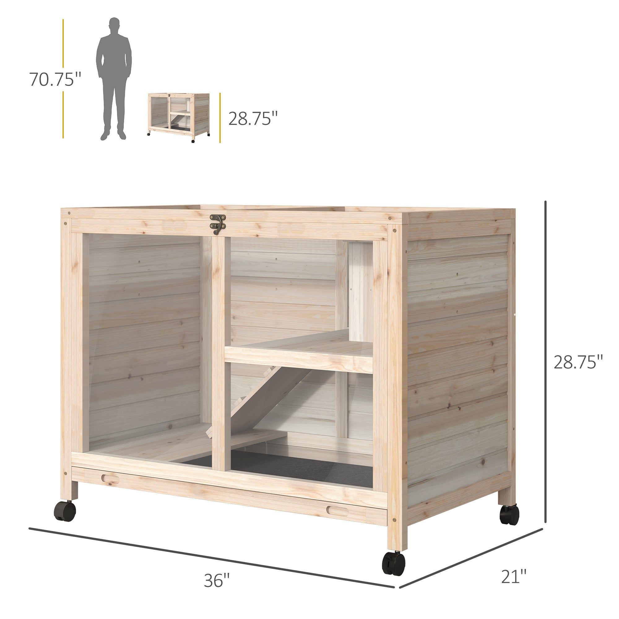 Indoor Rabbit Hutch with Wheels, Bunny Cage Guinea Pig House W/ Top Access, Ramp, Pull Out Tray, Natural Wood Rabbit Hutch   at Gallery Canada