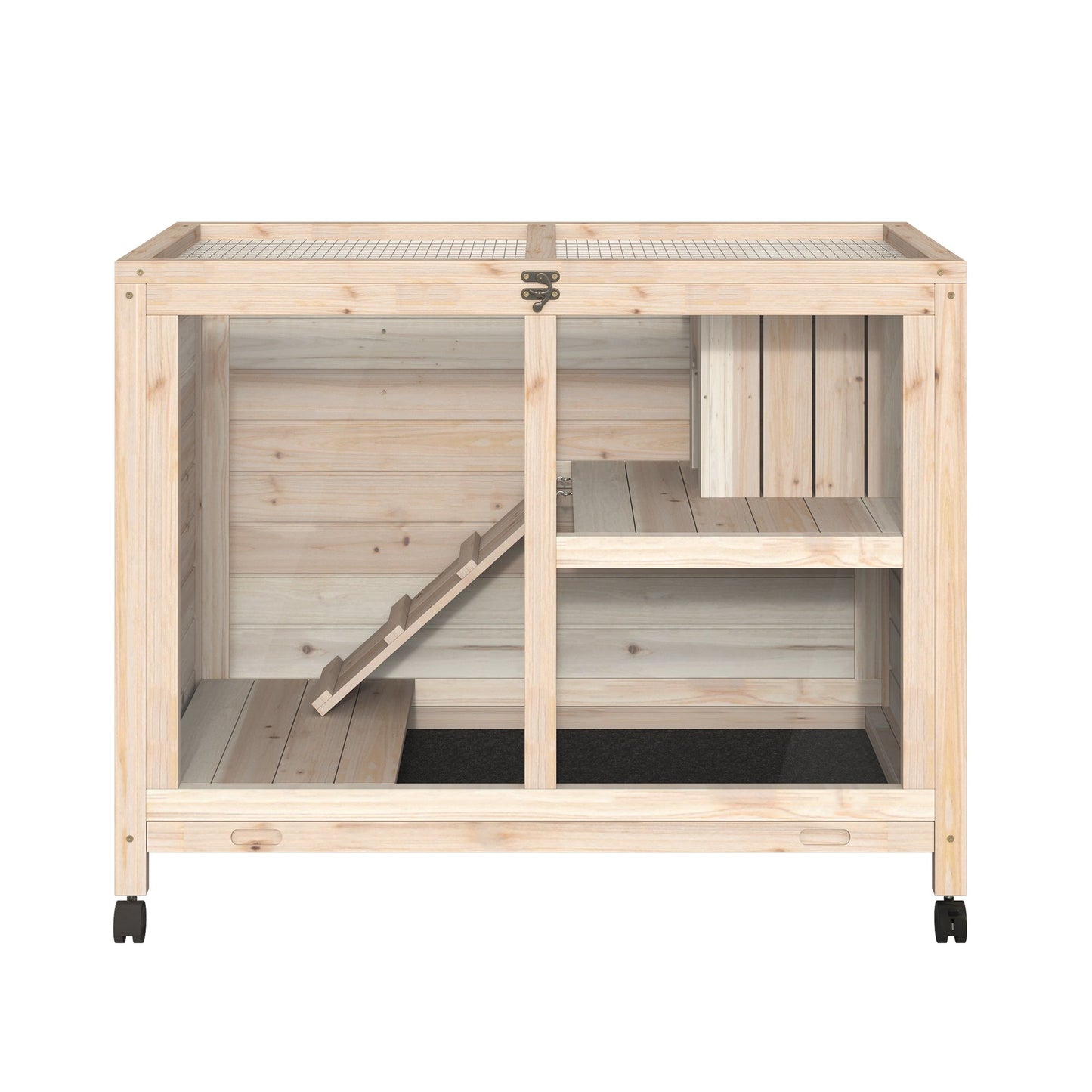 Indoor Rabbit Hutch with Wheels, Bunny Cage Guinea Pig House W/ Top Access, Ramp, Pull Out Tray, Natural Wood Rabbit Hutch   at Gallery Canada