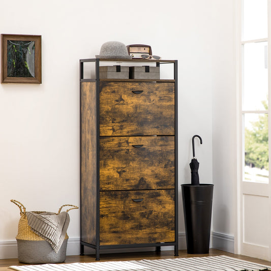 Industrial 12 Pair Shoe Storage Cabinet with 3 Flip Drawers and Open Shelf, Shoe Storage Organizer Rustic Brown Shoe Storage Cabinets & Racks Rustic Brown  at Gallery Canada