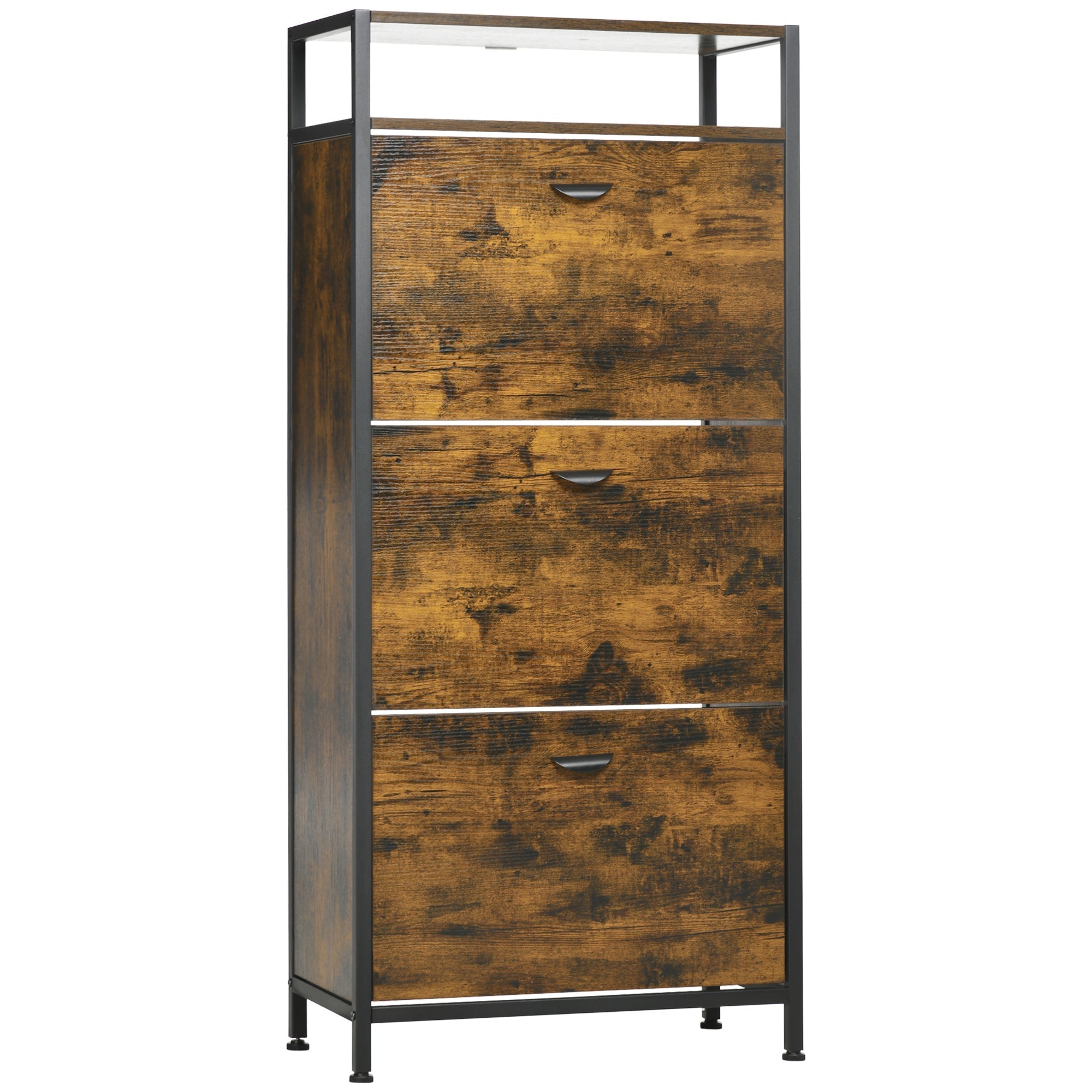 Industrial 12 Pair Shoe Storage Cabinet with 3 Flip Drawers and Open Shelf, Shoe Storage Organizer Rustic Brown Shoe Storage Cabinets & Racks Rustic Brown  at Gallery Canada