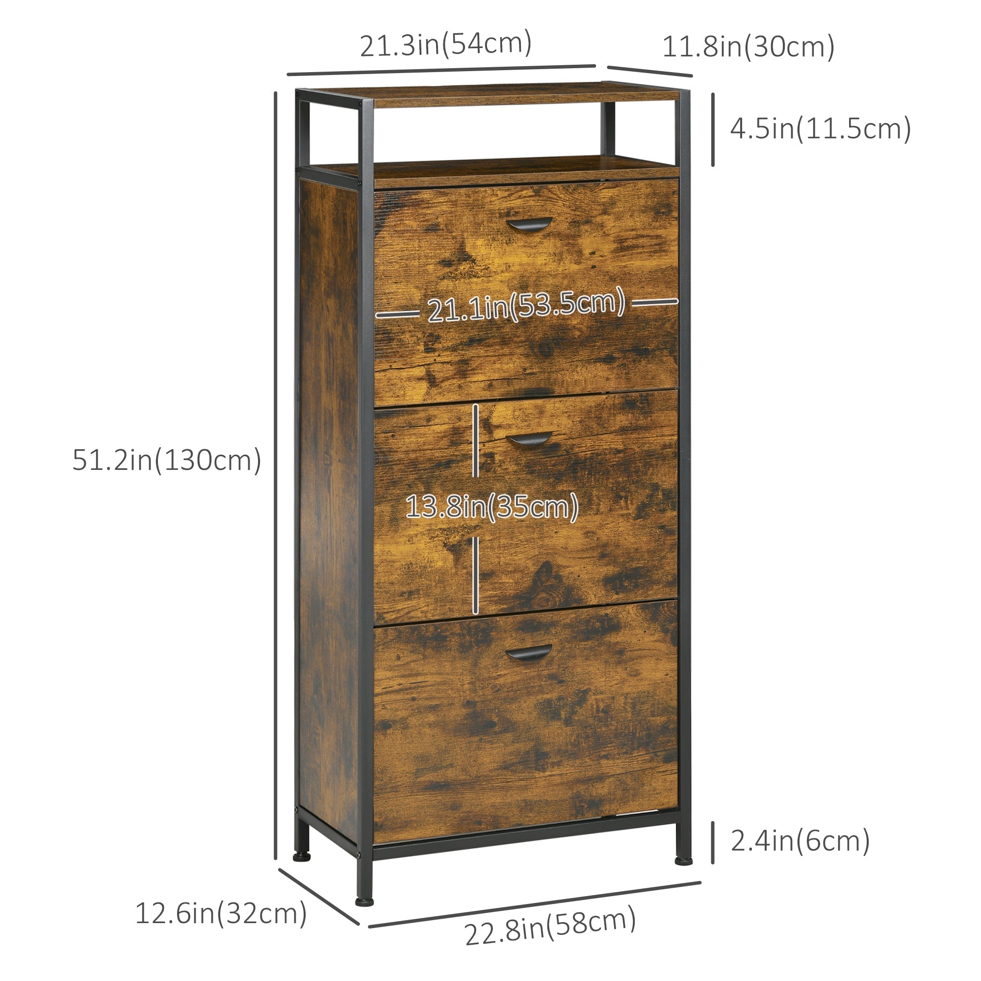 Industrial 12 Pair Shoe Storage Cabinet with 3 Flip Drawers and Open Shelf, Shoe Storage Organizer Rustic Brown Shoe Storage Cabinets & Racks   at Gallery Canada