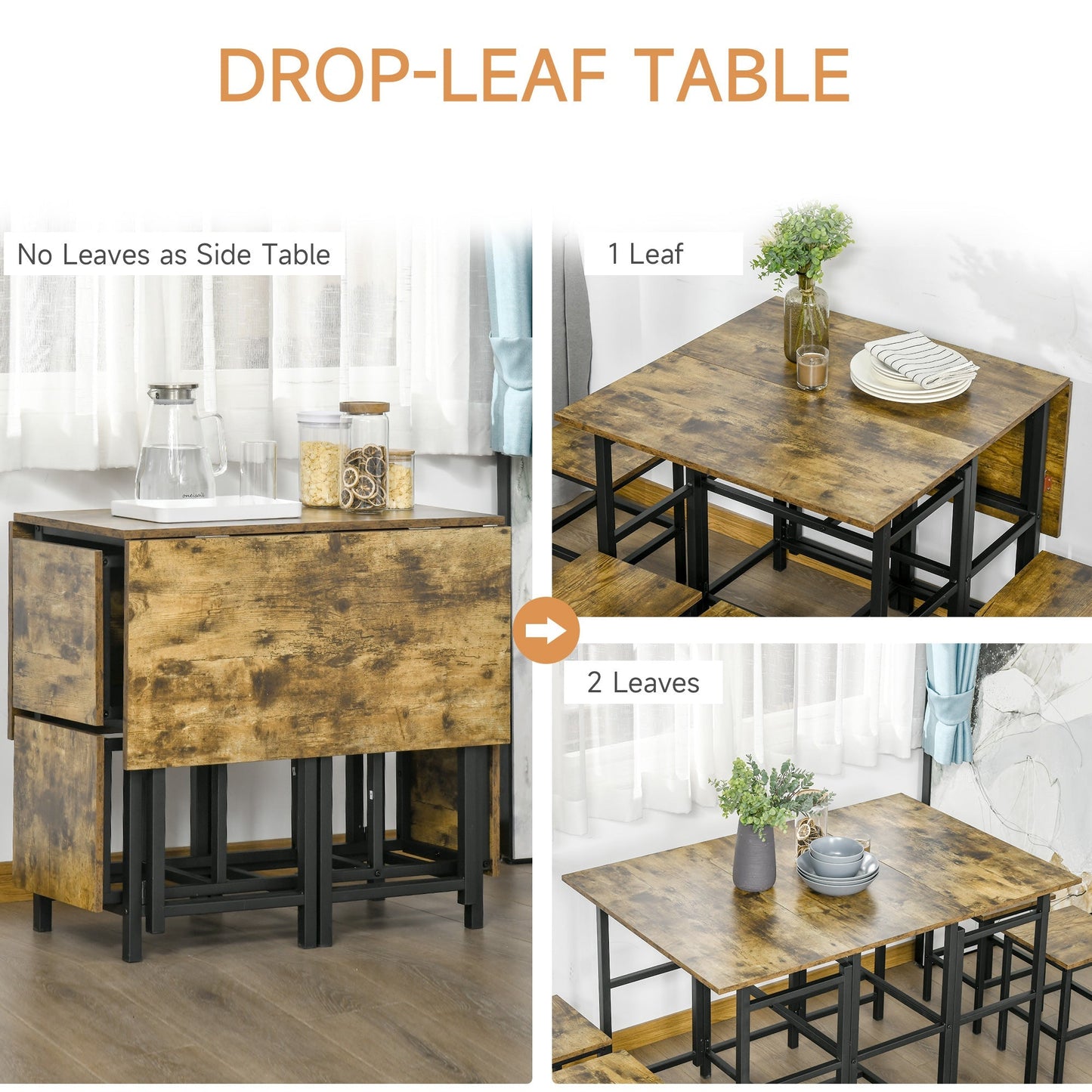 Industrial 5-Piece Folding Dining Table Set, Drop-Leaf Rectangular Kitchen Table with 4 Chairs for Dining Room, Rustic Brown Bar Sets   at Gallery Canada