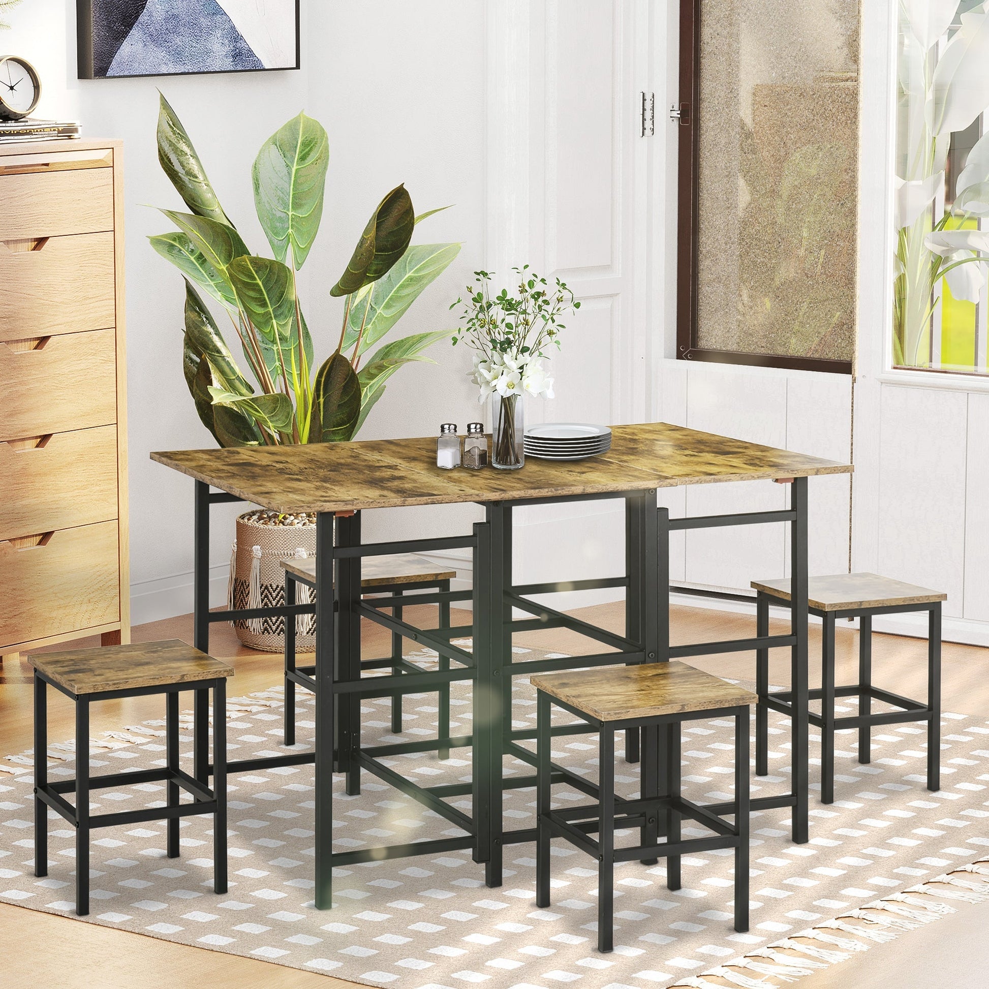 Industrial 5-Piece Folding Dining Table Set, Drop-Leaf Rectangular Kitchen Table with 4 Chairs for Dining Room, Rustic Brown Bar Sets   at Gallery Canada