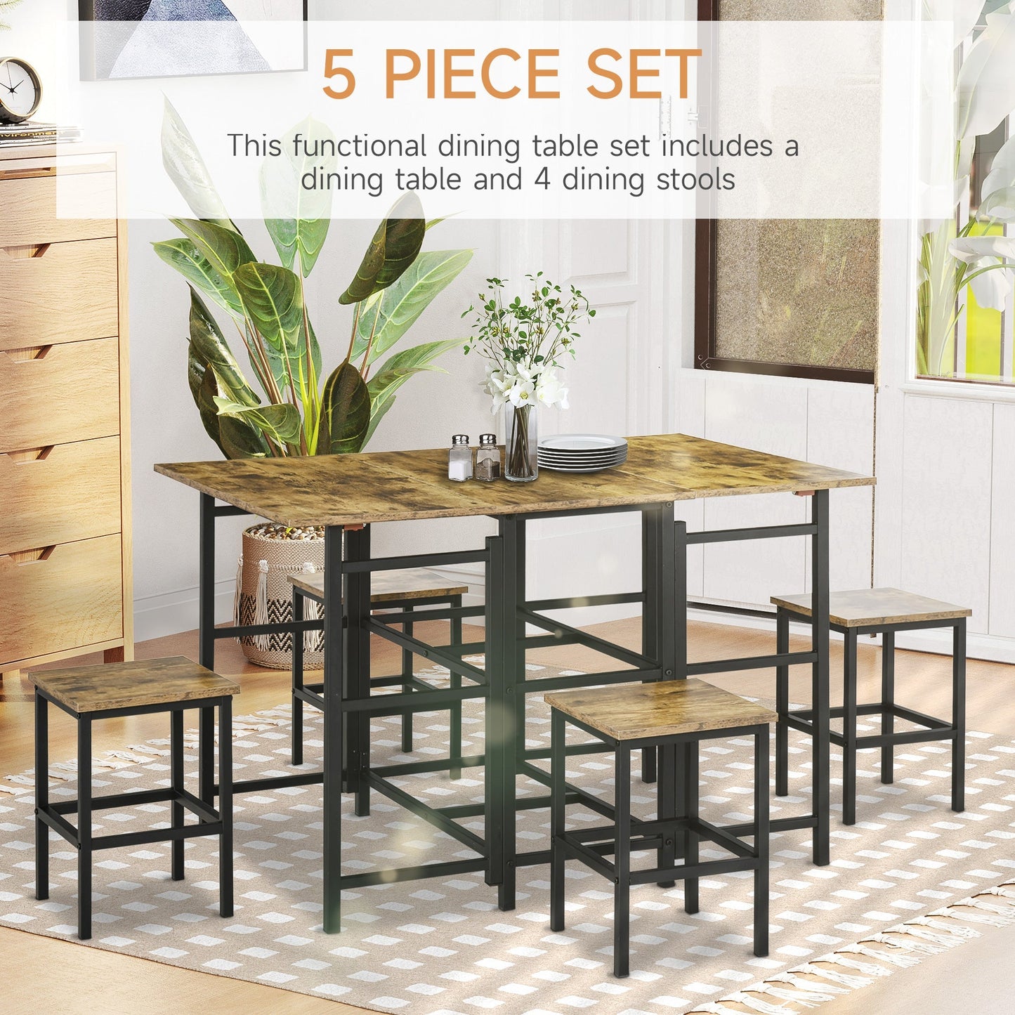 Industrial 5-Piece Folding Dining Table Set, Drop-Leaf Rectangular Kitchen Table with 4 Chairs for Dining Room, Rustic Brown Bar Sets   at Gallery Canada