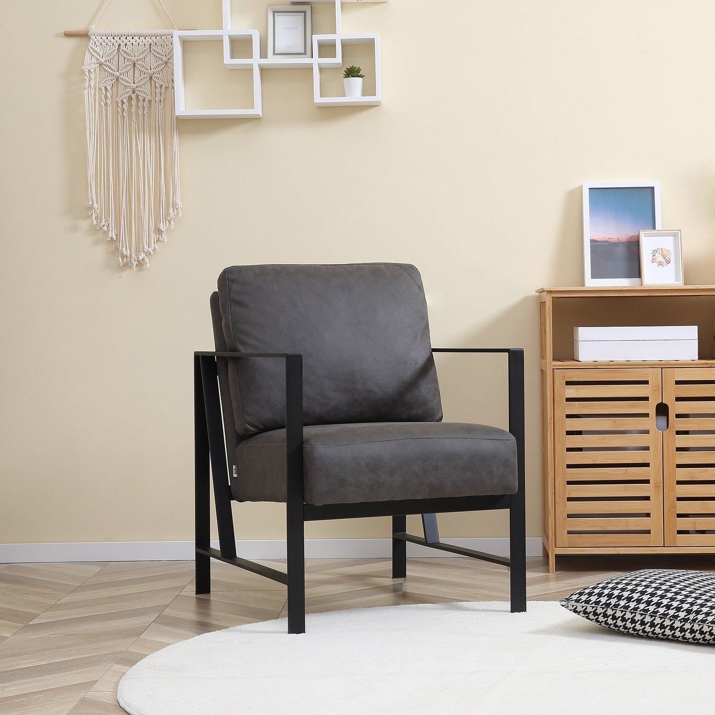 Industrial Accent Chairs with Cushioned Seat and Back, Upholstered Faux Leather Armchair for Bedroom, Living Room Chair with Arms and Steel Legs, Grey Accent Chairs   at Gallery Canada