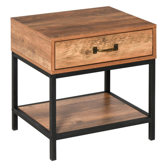 Industrial Bedside Table with Drawer, Nightstand with Storage Shelf, Sofa End Table for Bedroom, Teak - Gallery Canada