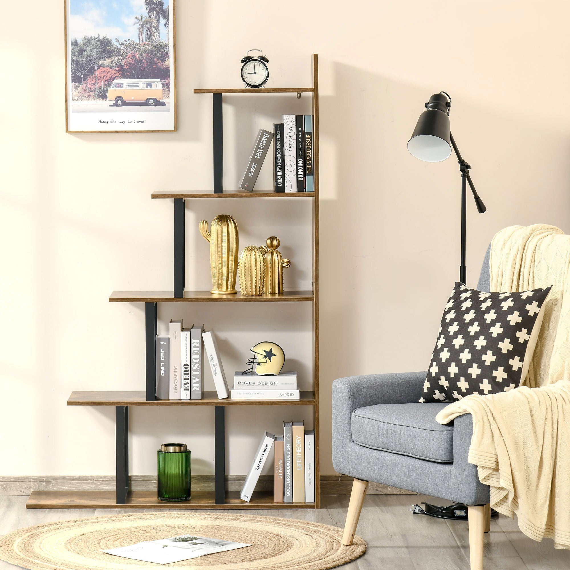 Industrial Bookcase 5-Tier Wooden Ladder Bookshelf Display Stand Organizer for Livingroom Indoor Corner Shelf - Rustic Brown Display Bookshelves   at Gallery Canada