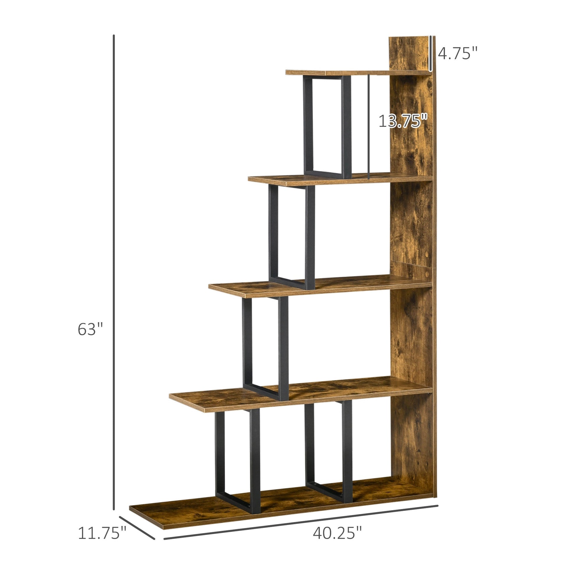 Industrial Bookcase 5-Tier Wooden Ladder Bookshelf Display Stand Organizer for Livingroom Indoor Corner Shelf - Rustic Brown Display Bookshelves   at Gallery Canada