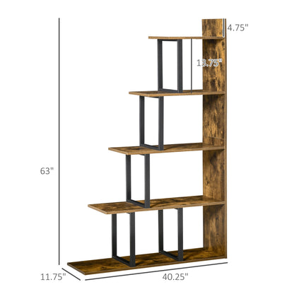 Industrial Bookcase 5-Tier Wooden Ladder Bookshelf Display Stand Organizer for Livingroom Indoor Corner Shelf - Rustic Brown Display Bookshelves   at Gallery Canada