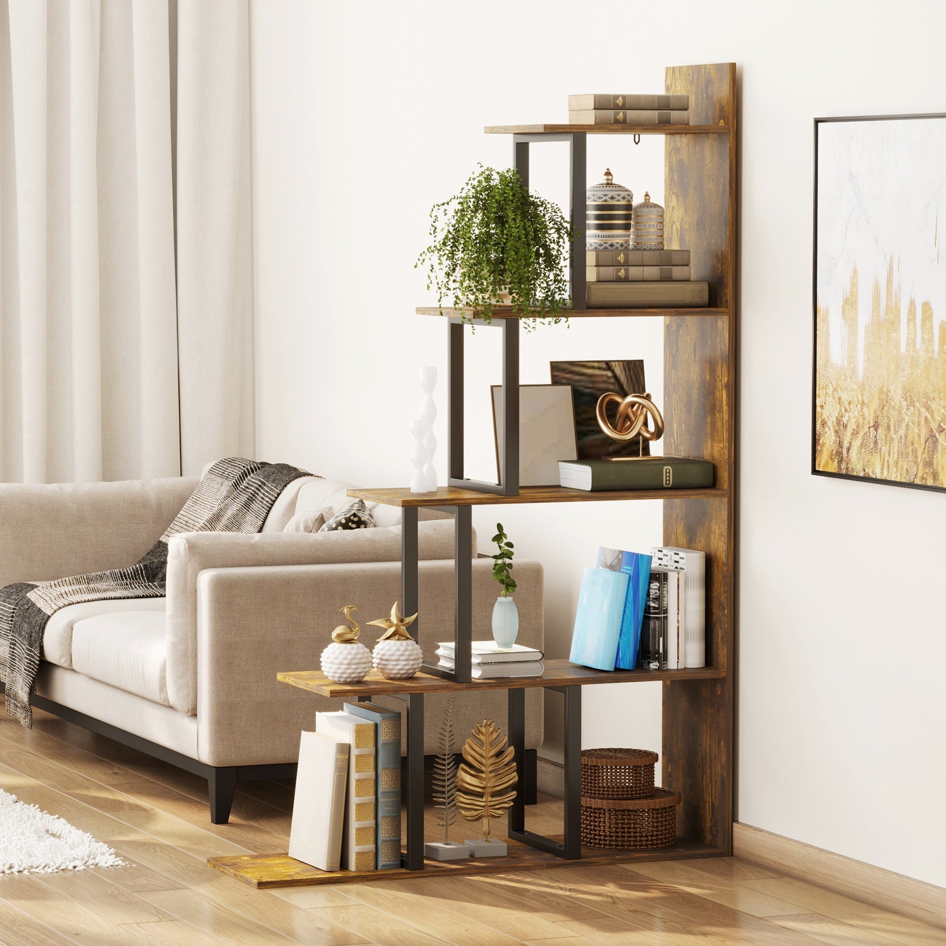 Industrial Bookcase 5-Tier Wooden Ladder Bookshelf Display Stand Organizer for Livingroom Indoor Corner Shelf - Rustic Brown - Gallery Canada