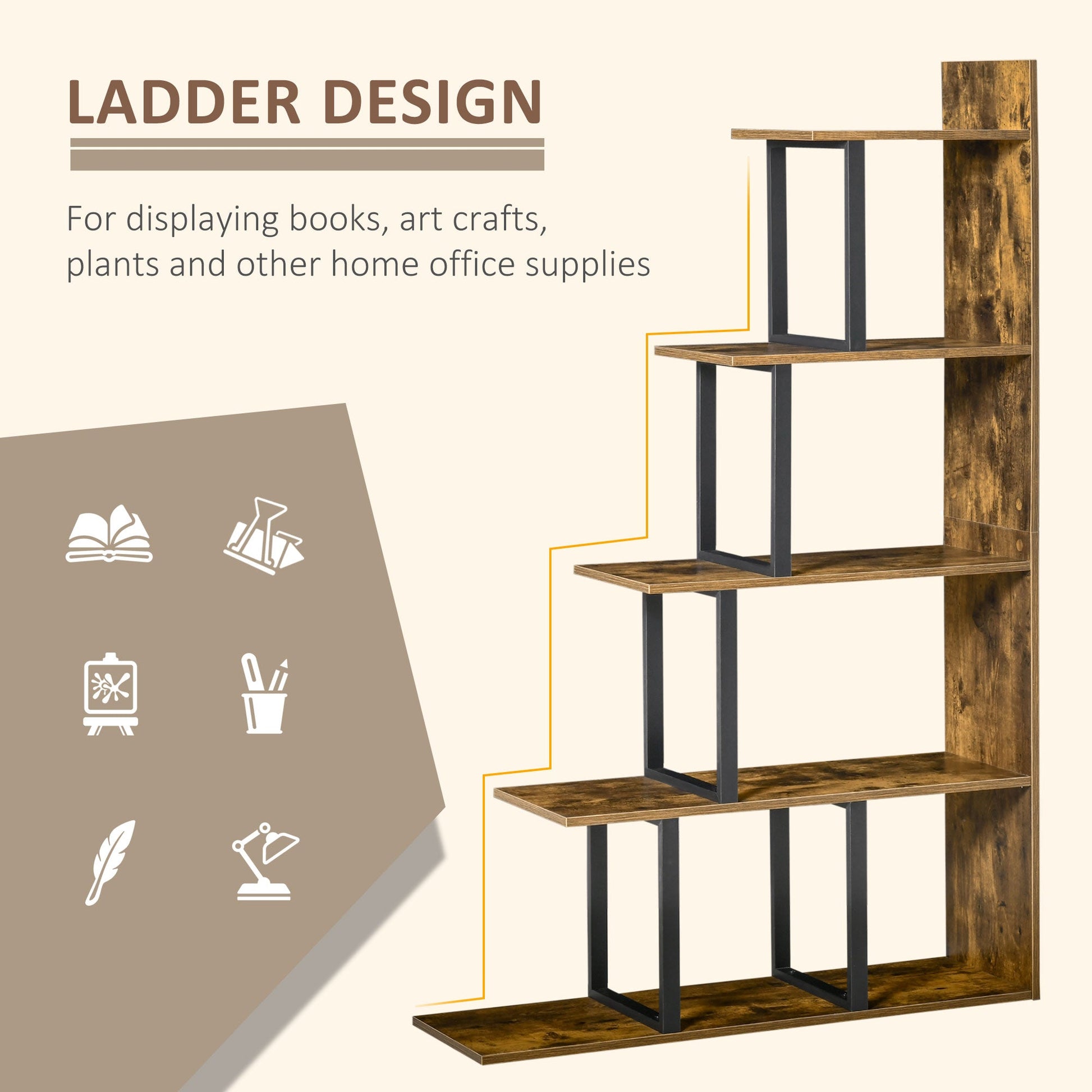 Industrial Bookcase 5-Tier Wooden Ladder Bookshelf Display Stand Organizer for Livingroom Indoor Corner Shelf - Rustic Brown Display Bookshelves   at Gallery Canada