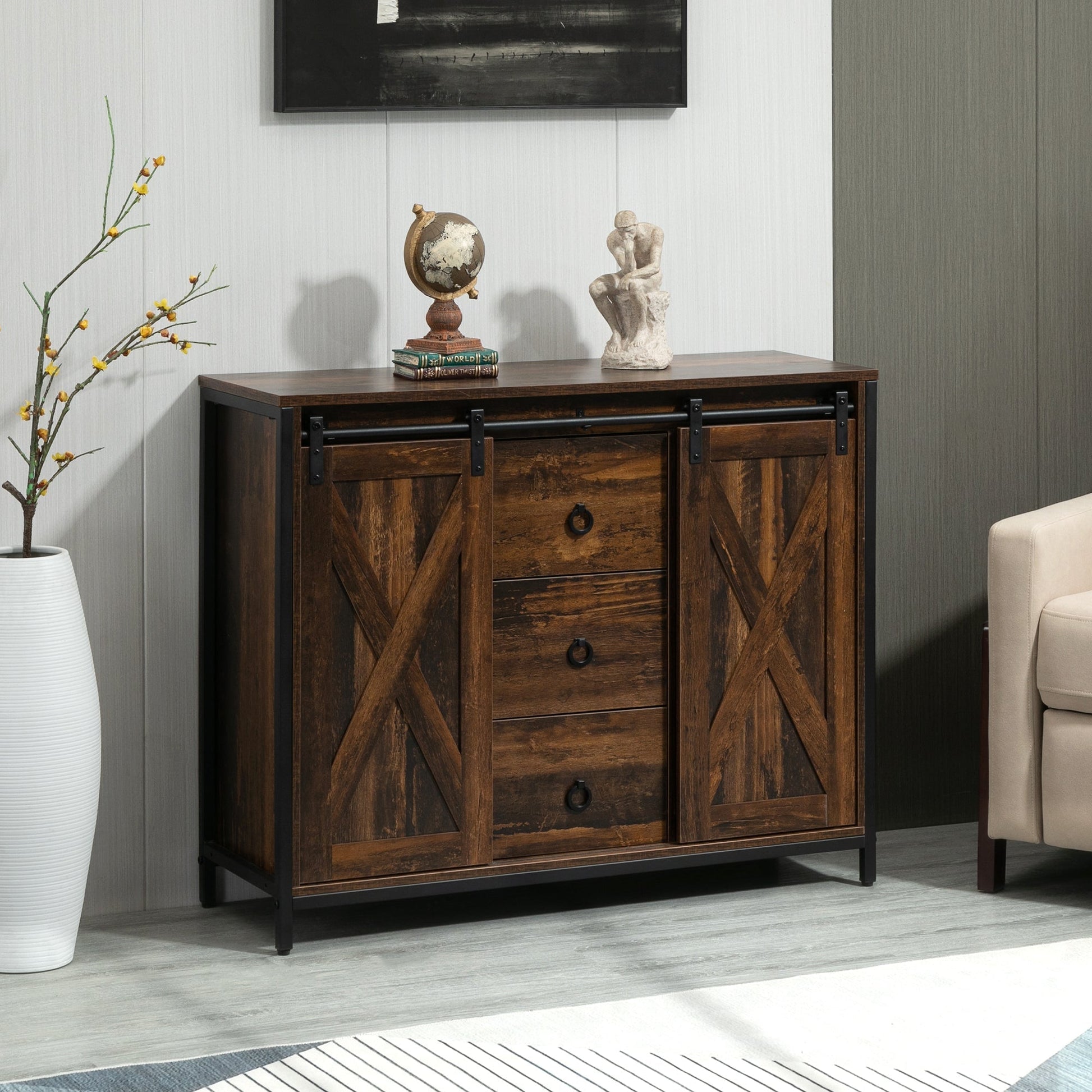 Industrial Buffet Cabinet, Kitchen Sideboard with Sliding Barn Doors, Three Drawers and Adjustable Shelves, Rustic Brown Bar Cabinets   at Gallery Canada