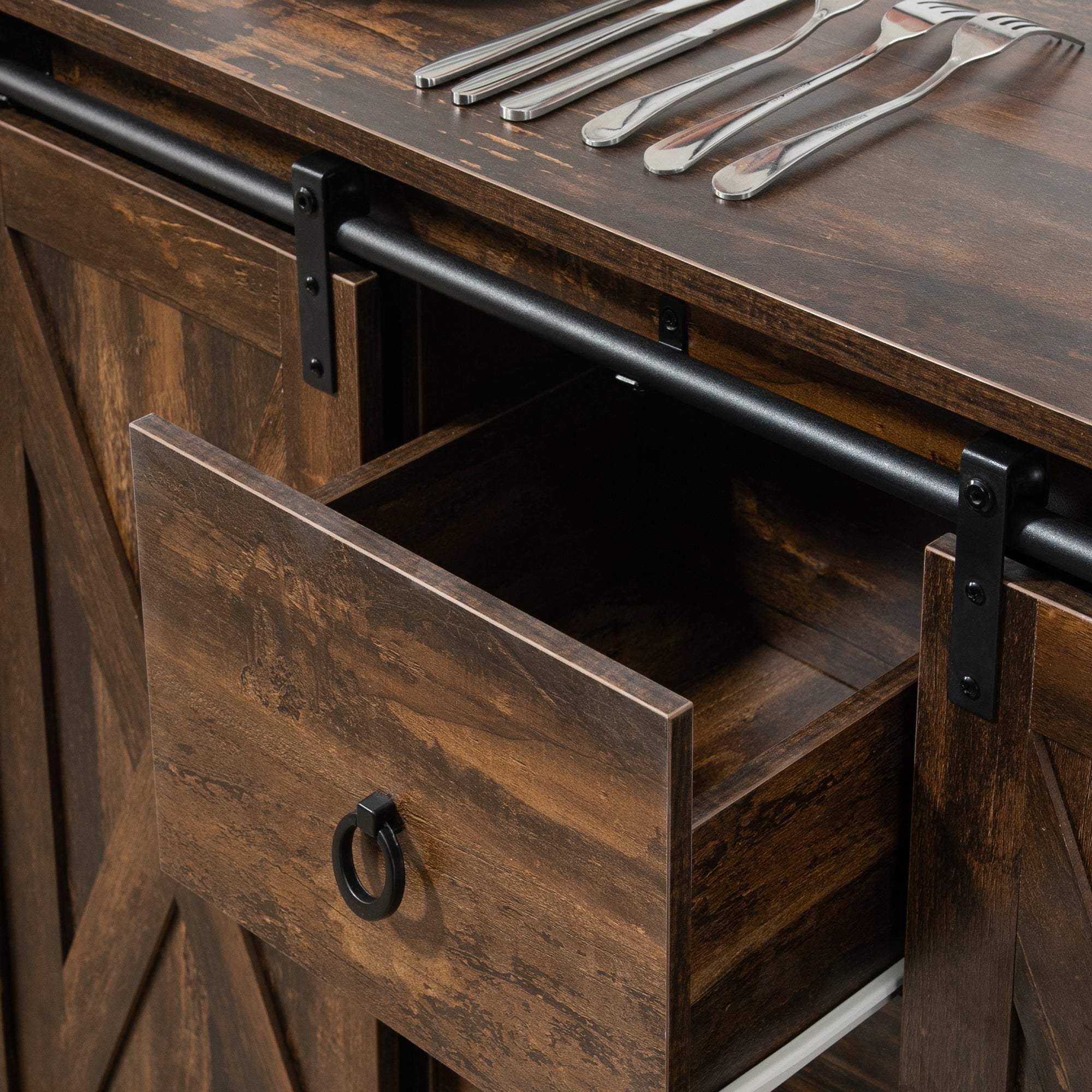 Industrial Buffet Cabinet, Kitchen Sideboard with Sliding Barn Doors, Three Drawers and Adjustable Shelves, Rustic Brown Bar Cabinets   at Gallery Canada