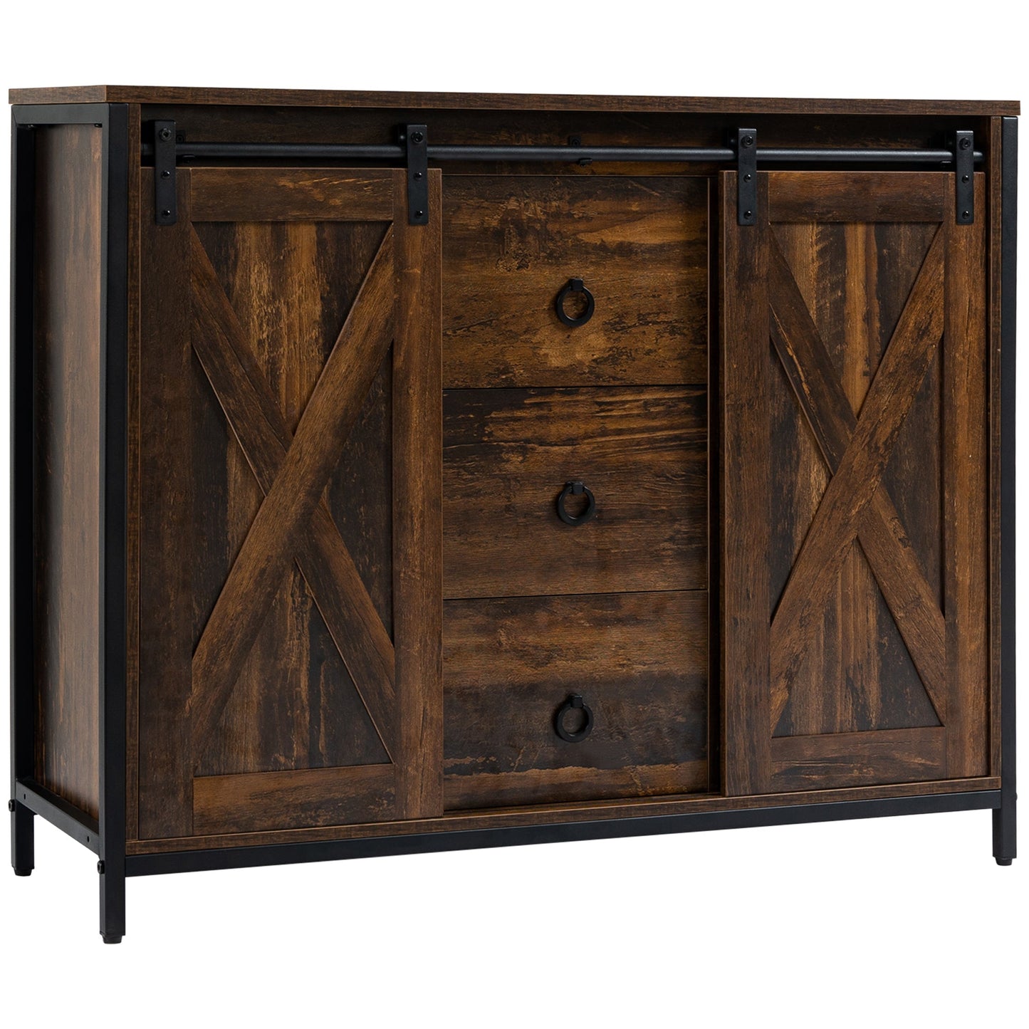 Industrial Buffet Cabinet, Kitchen Sideboard with Sliding Barn Doors, Three Drawers and Adjustable Shelves, Rustic Brown Bar Cabinets Multi Colour  at Gallery Canada