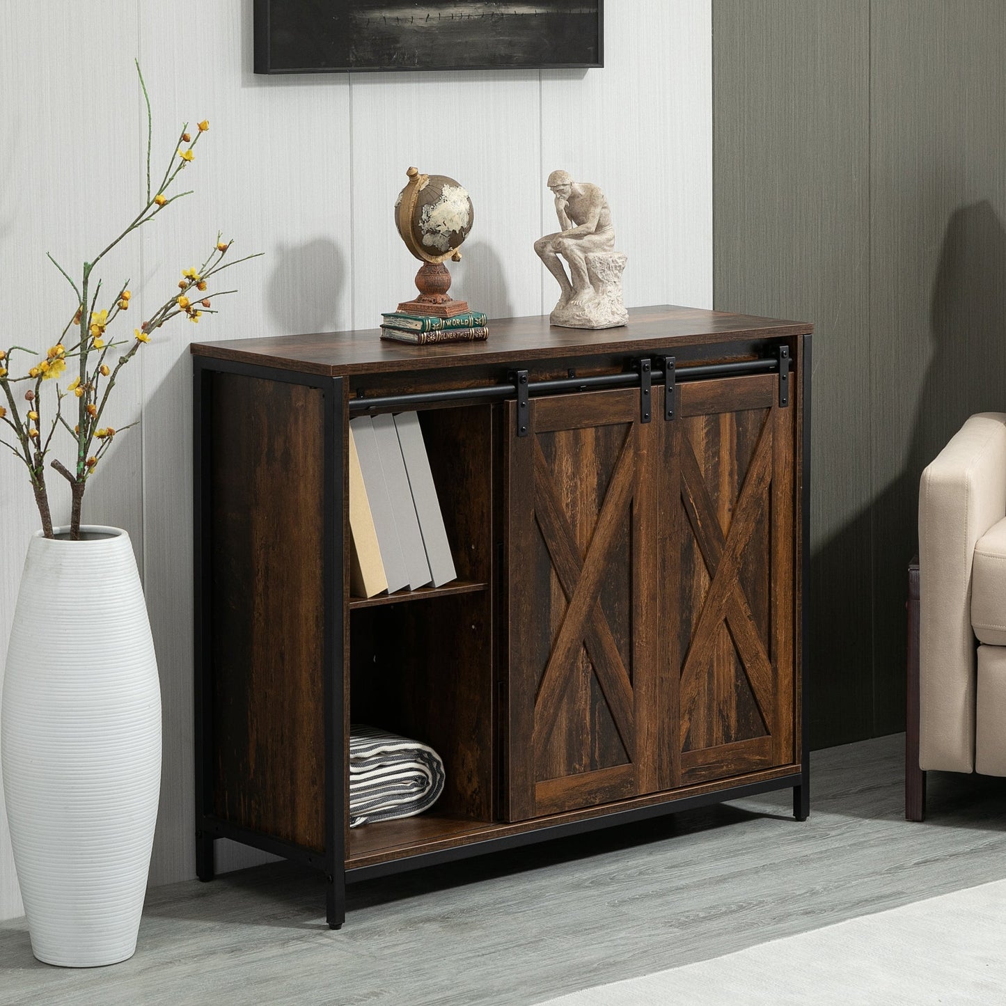 Industrial Buffet Cabinet, Kitchen Sideboard with Sliding Barn Doors, Three Drawers and Adjustable Shelves, Rustic Brown Bar Cabinets   at Gallery Canada