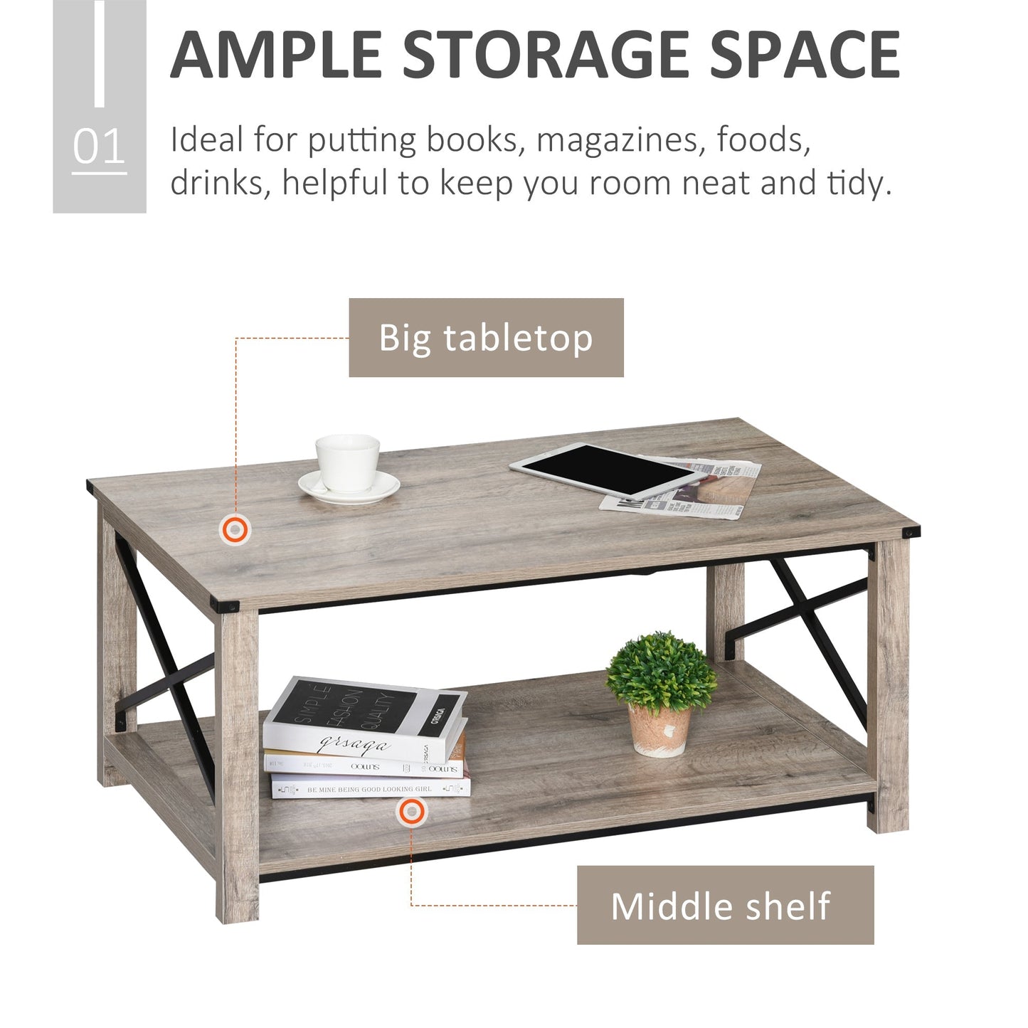 Industrial Coffee Table, Cocktail Table with Bottom Storage Shelf, Metal X-Bar for Living Room Bedroom Coffee Tables   at Gallery Canada