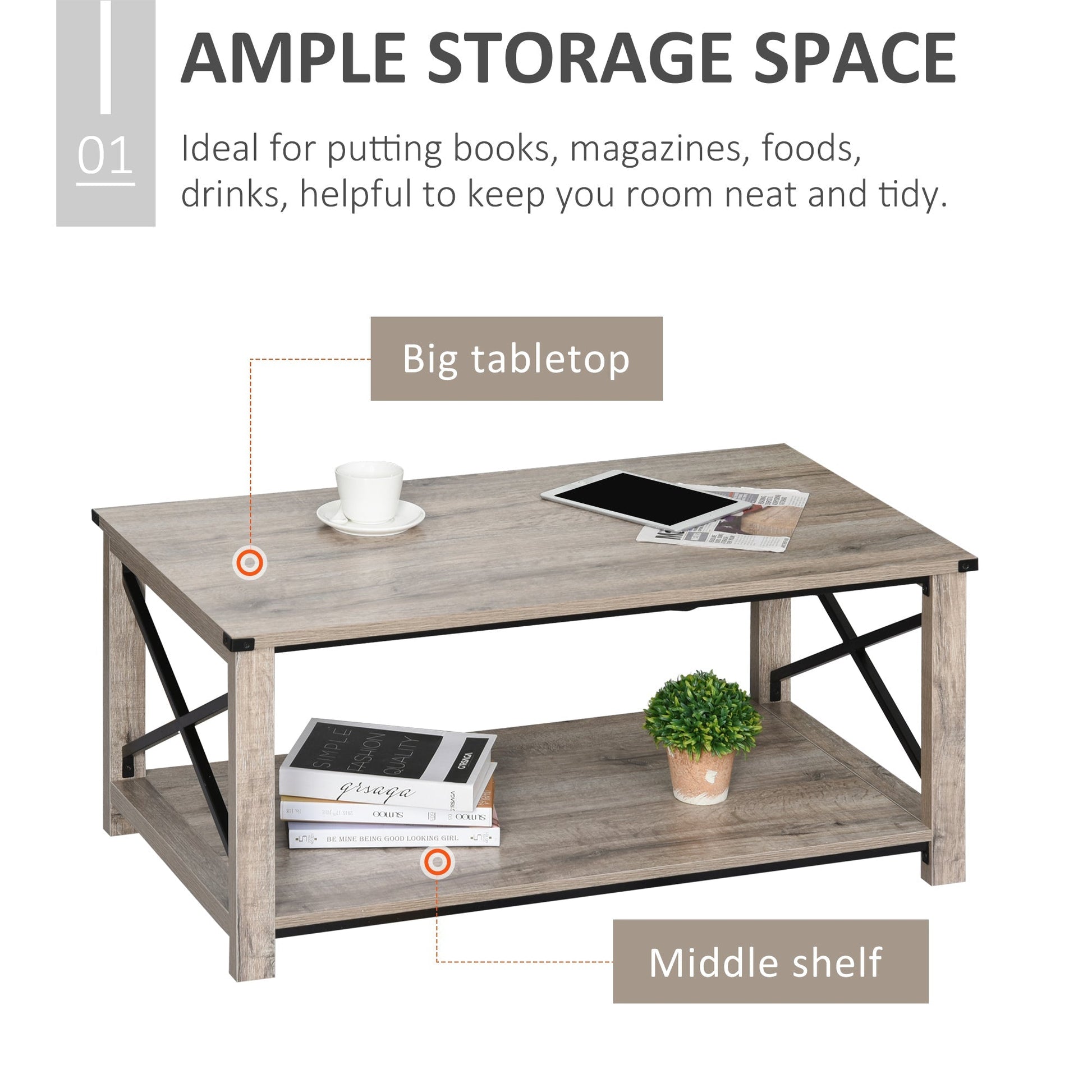 Industrial Coffee Table, Cocktail Table with Bottom Storage Shelf, Metal X-Bar for Living Room Bedroom Coffee Tables   at Gallery Canada