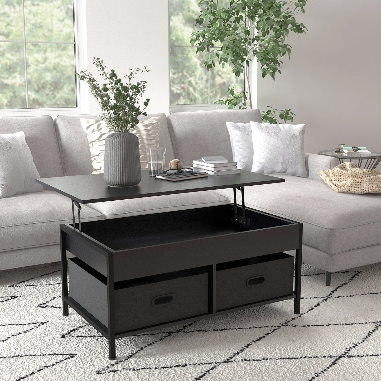 Industrial Coffee Table, Lift Top Coffee Table with Storage, Live Edge Coffee Table with Open Shelves and Fabric Boxes Coffee Tables   at Gallery Canada