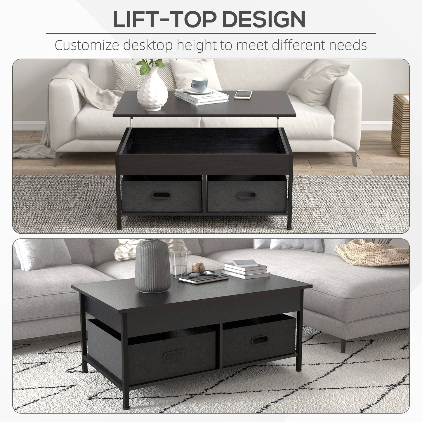 Industrial Coffee Table, Lift Top Coffee Table with Storage, Live Edge Coffee Table with Open Shelves and Fabric Boxes Coffee Tables   at Gallery Canada