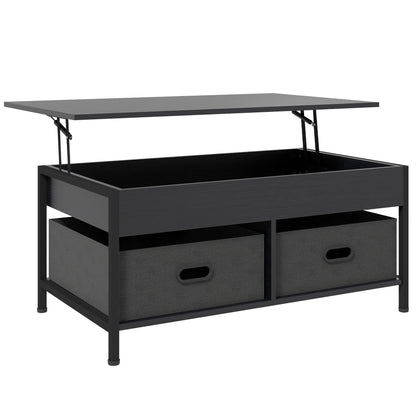 Industrial Coffee Table, Lift Top Coffee Table with Storage, Live Edge Coffee Table with Open Shelves and Fabric Boxes Coffee Tables Black  at Gallery Canada