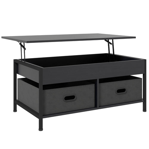 Industrial Coffee Table, Lift Top Coffee Table with Storage, Live Edge Coffee Table with Open Shelves and Fabric Boxes