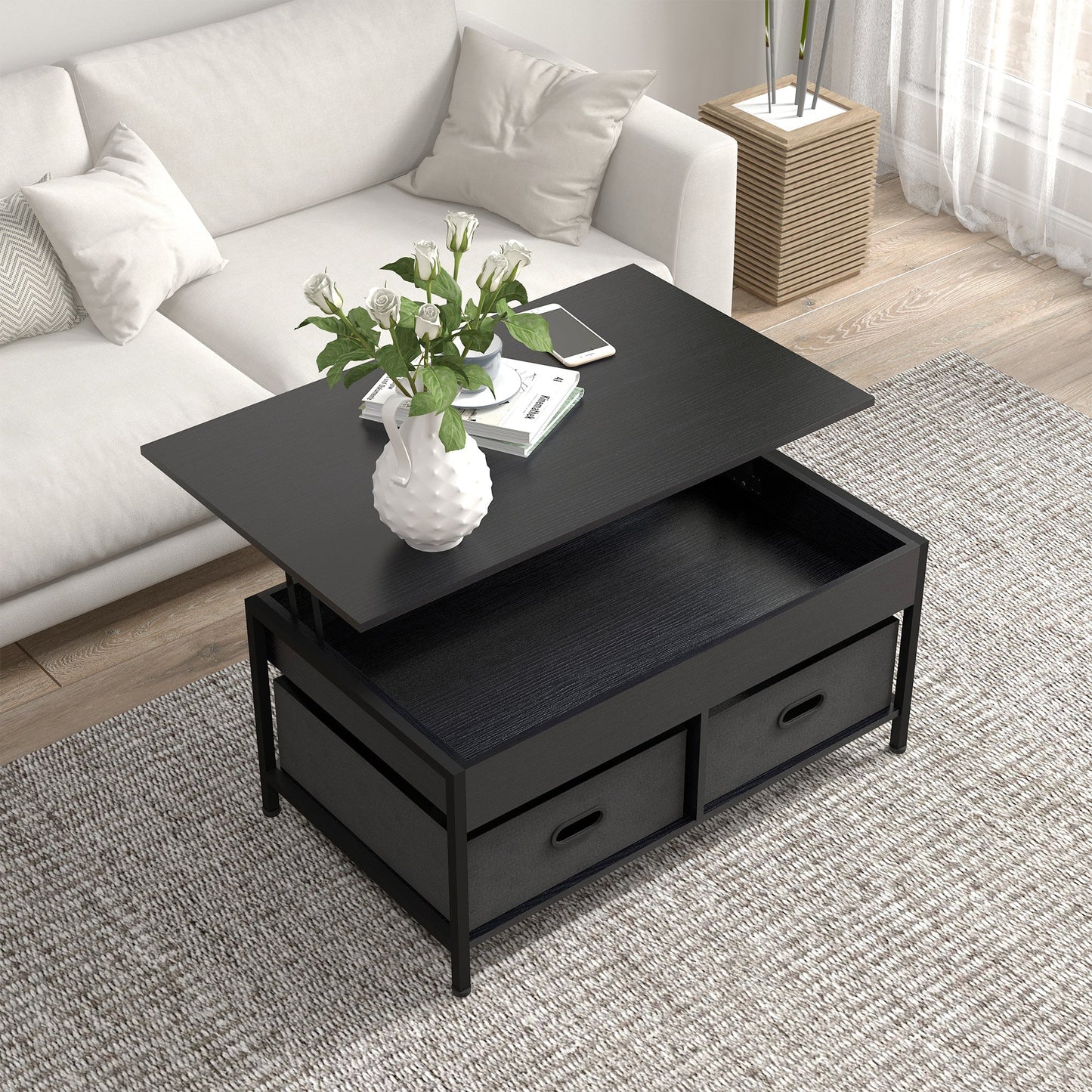 Industrial Coffee Table, Lift Top Coffee Table with Storage, Live Edge Coffee Table with Open Shelves and Fabric Boxes Coffee Tables   at Gallery Canada