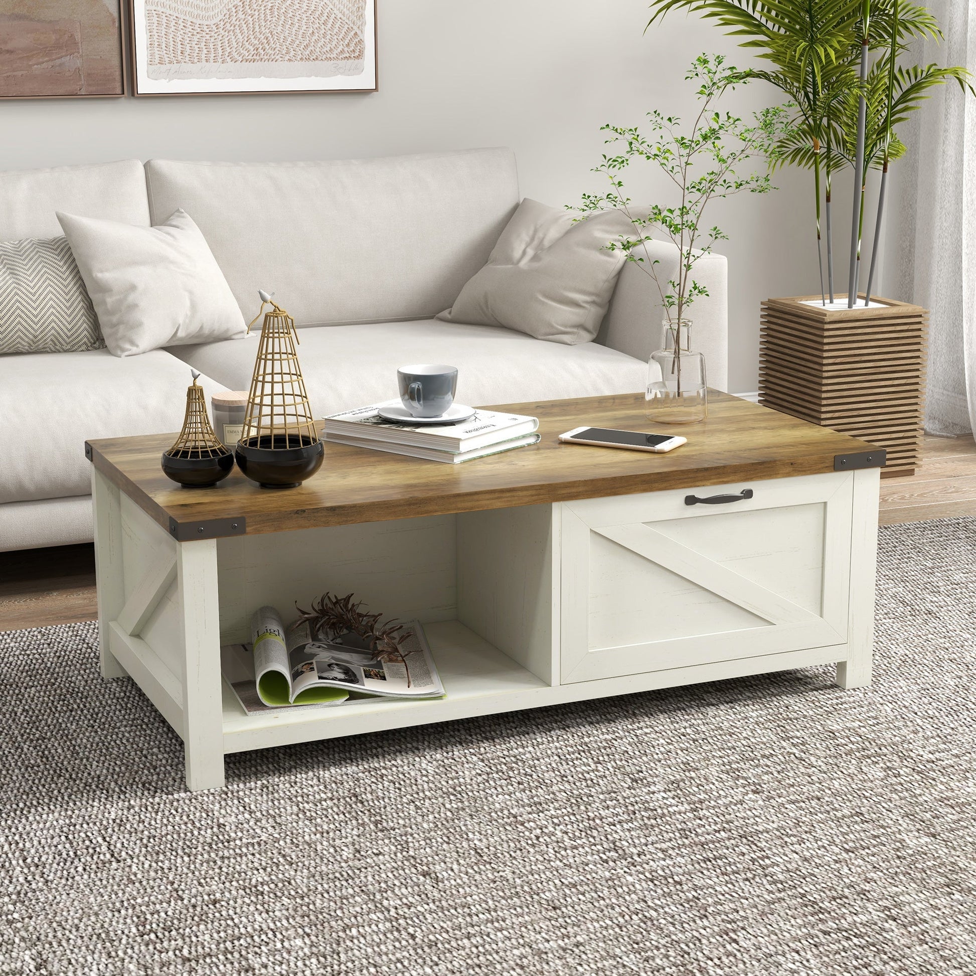 Industrial Coffee Table Side End Table with Drawer, Open Storage Shelf, Modern Farmhouse Furniture, for Living Room, Dining Room, Office, Brown Coffee Tables   at Gallery Canada