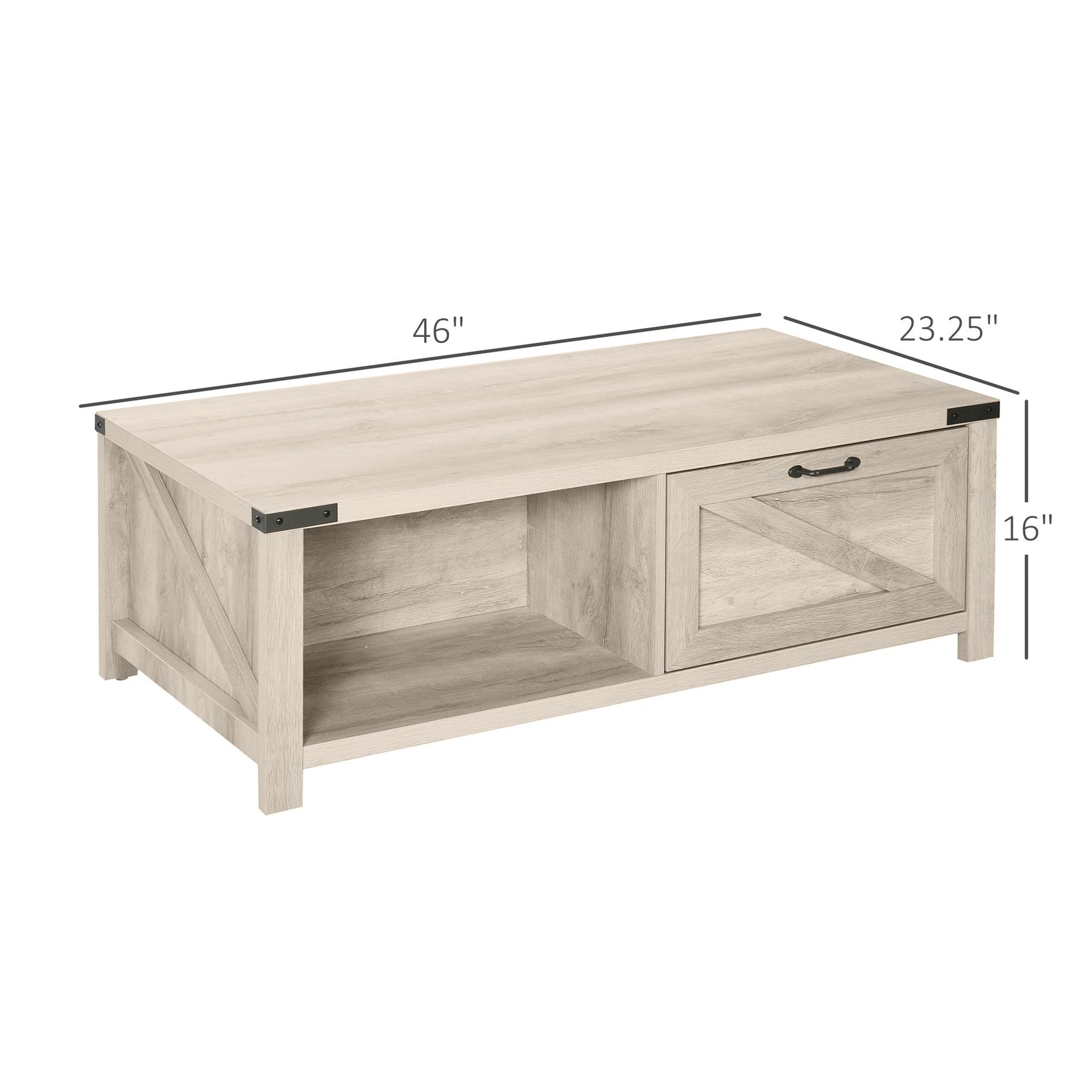 Industrial Coffee Table Side End Table with Drawer, Open Storage Shelf, Modern Farmhouse Furniture, for Living Room, Dining Room, Office, White Oak Coffee Tables   at Gallery Canada