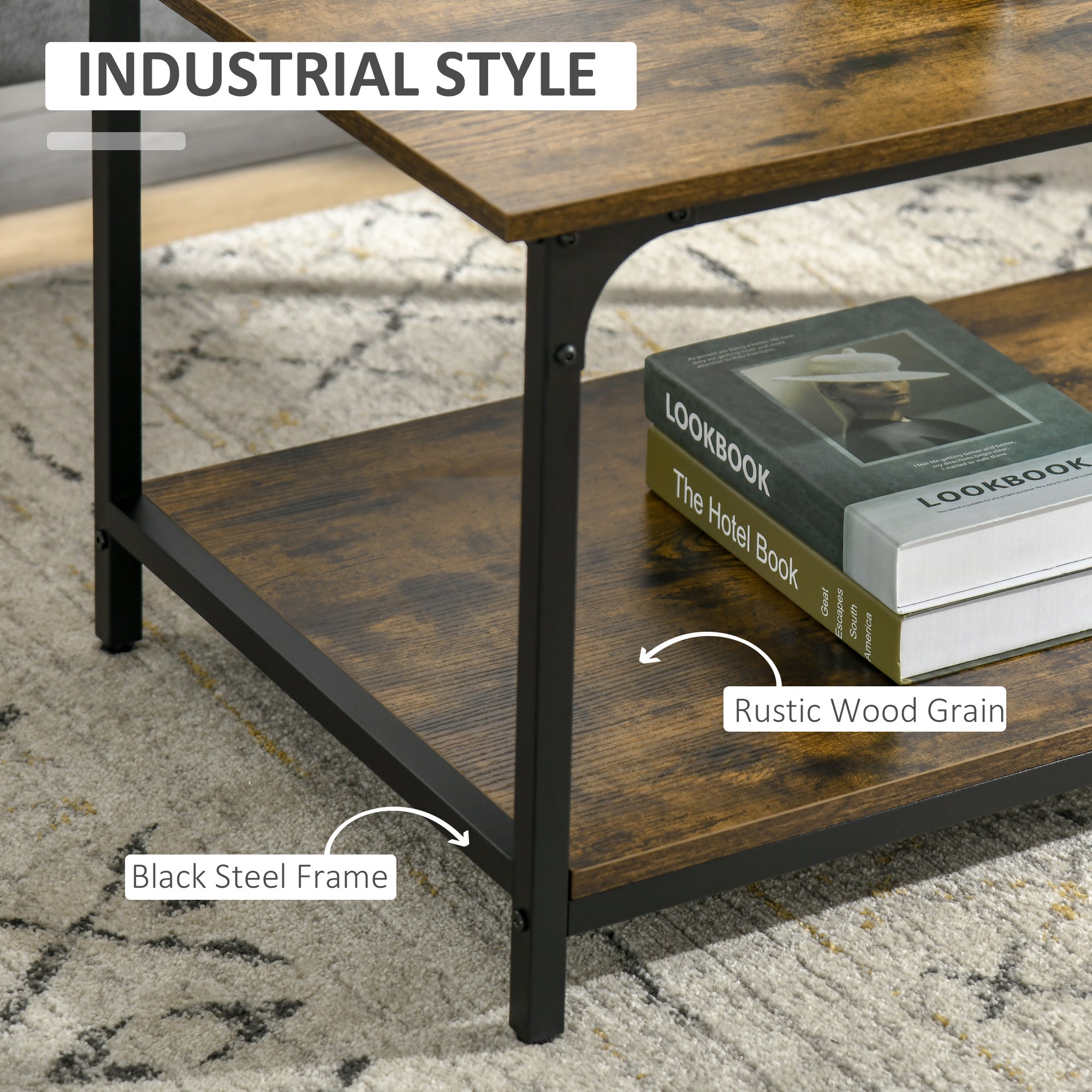 Industrial Coffee Table with Storage Shelf, 2-tier Center Table for Living Room, Rustic Brown Coffee Tables   at Gallery Canada