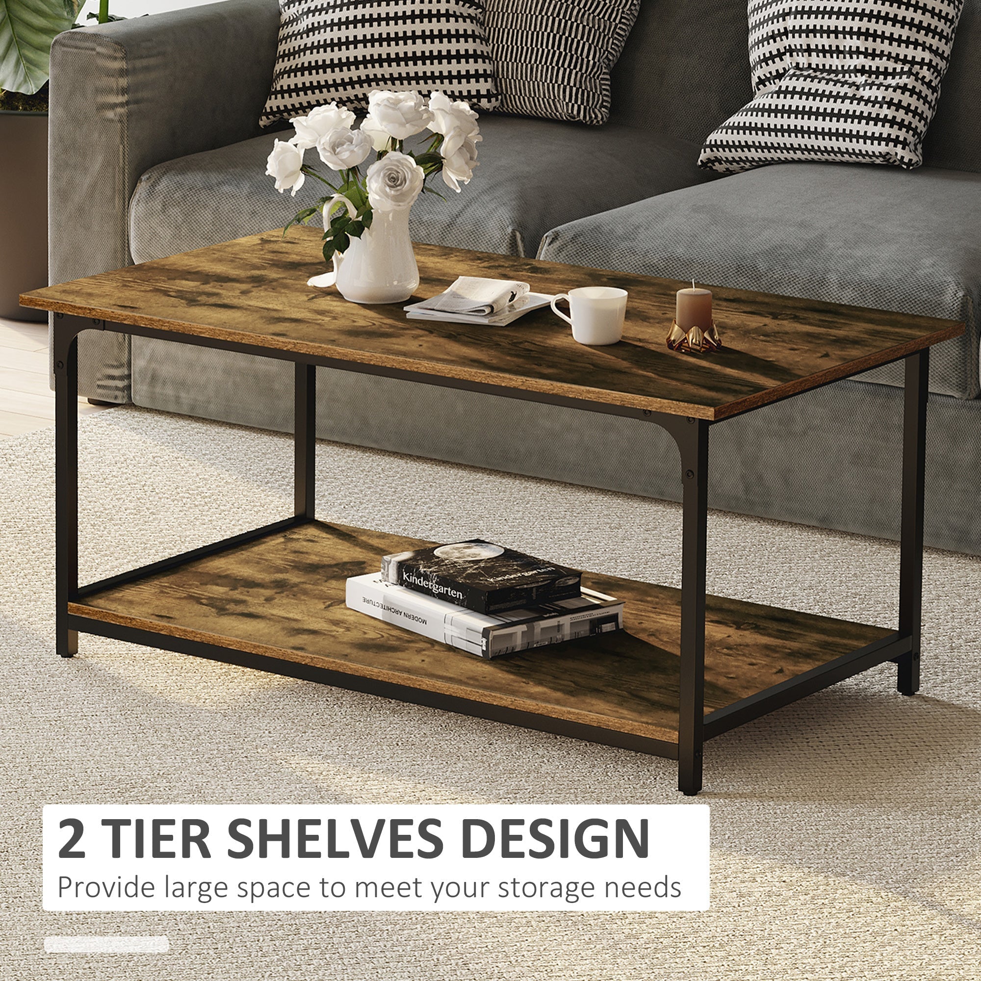 Industrial Coffee Table with Storage Shelf, 2-tier Center Table for Living Room, Rustic Brown Coffee Tables   at Gallery Canada