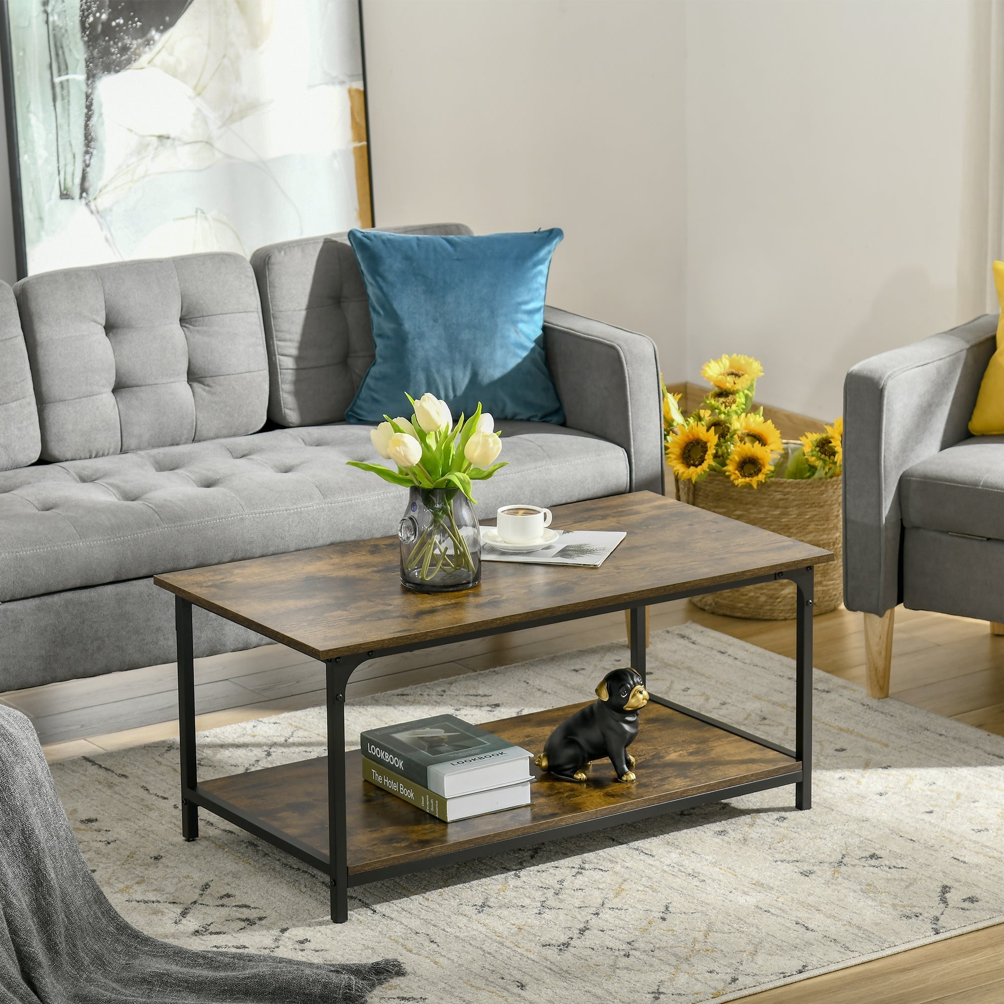 Industrial Coffee Table with Storage Shelf, 2-tier Center Table for Living Room, Rustic Brown Coffee Tables   at Gallery Canada