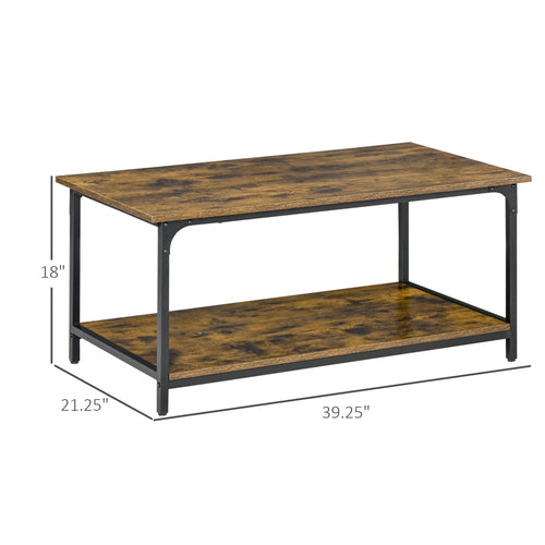 Industrial Coffee Table with Storage Shelf, 2-tier Center Table for Living Room, Rustic Brown